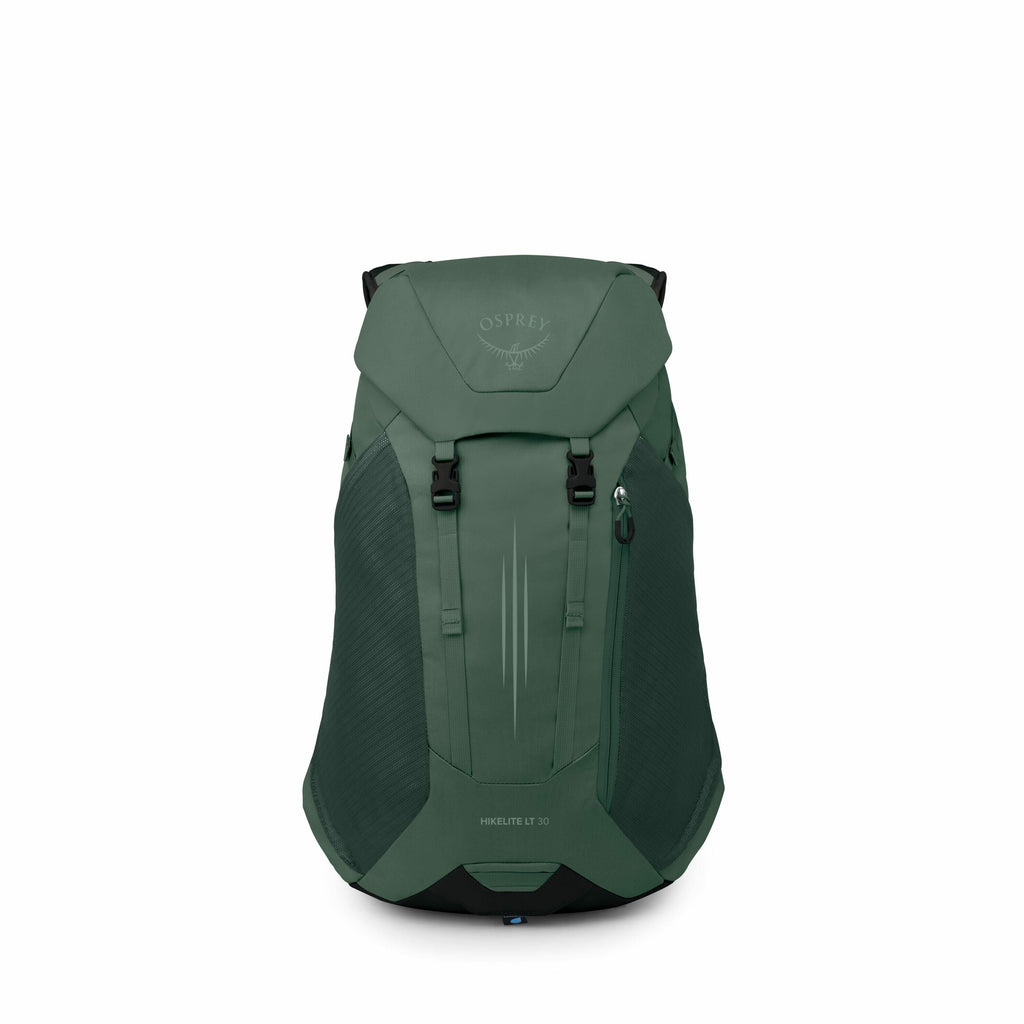 The image showcases an Osprey backpack, specifically the Hikelite LT 30 model, in a deep green color. The backpack has a sleek, minimalist design with a top lid featuring the Osprey logo prominently displayed. There are black buckles and a zipper on one s