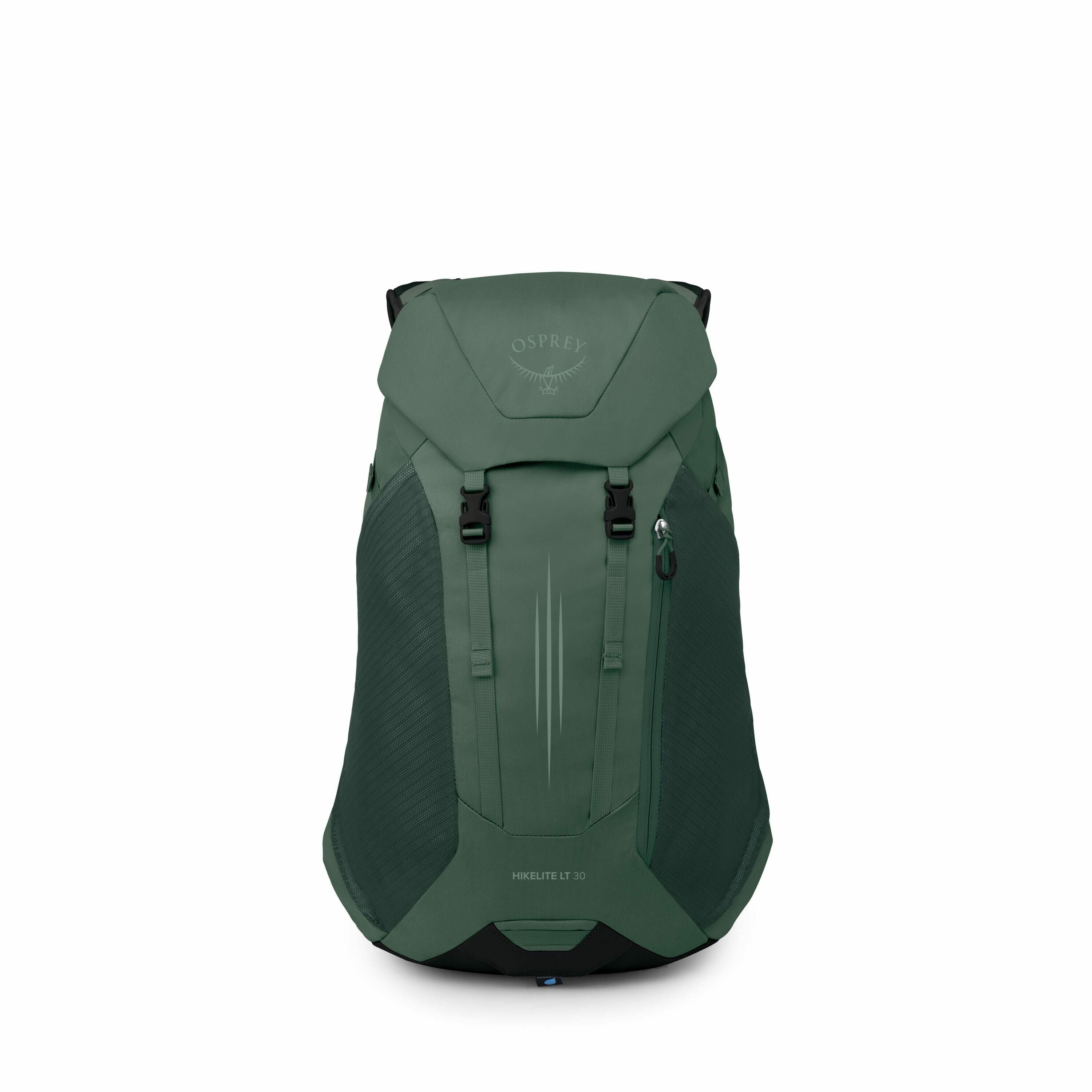 The image showcases an Osprey backpack, specifically the Hikelite LT 30 model, in a deep green color. The backpack has a sleek, minimalist design with a top lid featuring the Osprey logo prominently displayed. There are black buckles and a zipper on one s