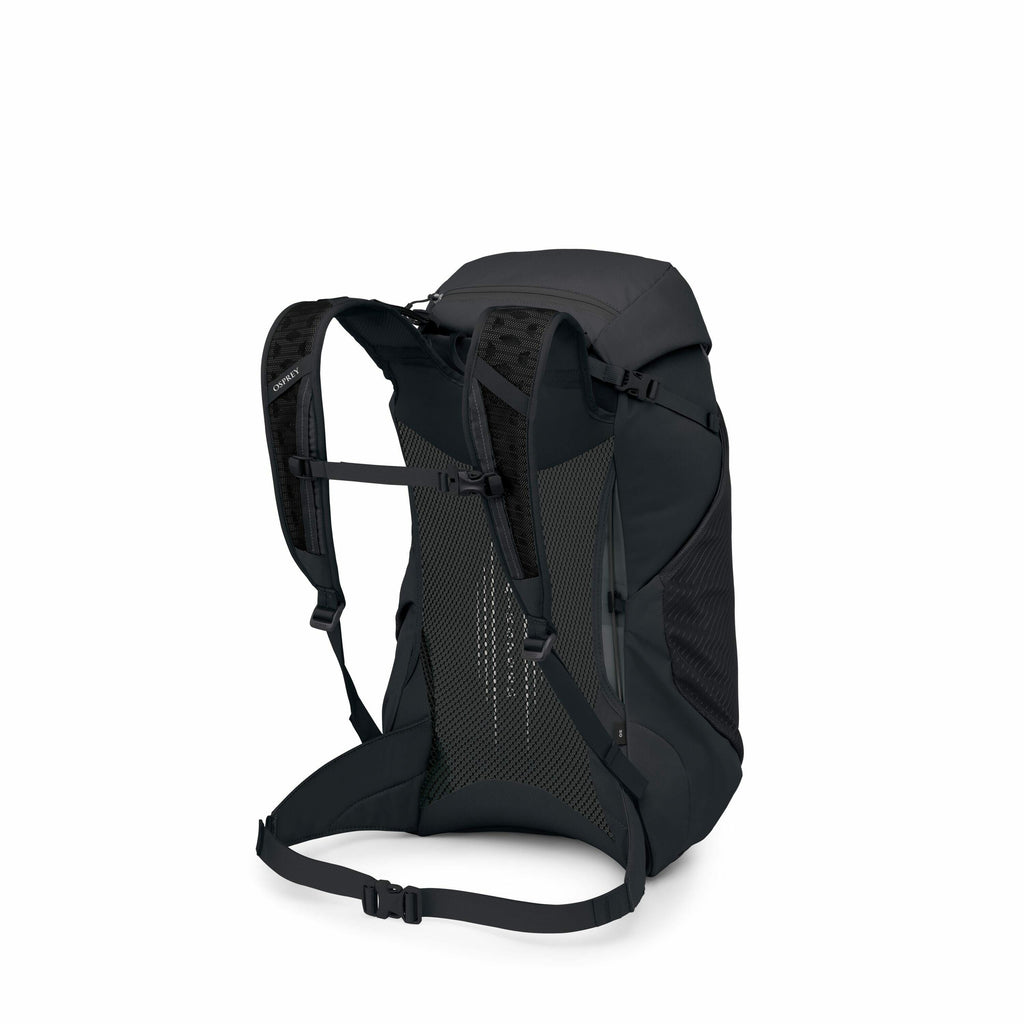 The image showcases a black backpack, positioned to display its backside where the straps and mesh padding are visible. The backpack features adjustable shoulder straps with a chest strap, designed for comfort and stability during wear. There is a mesh pa