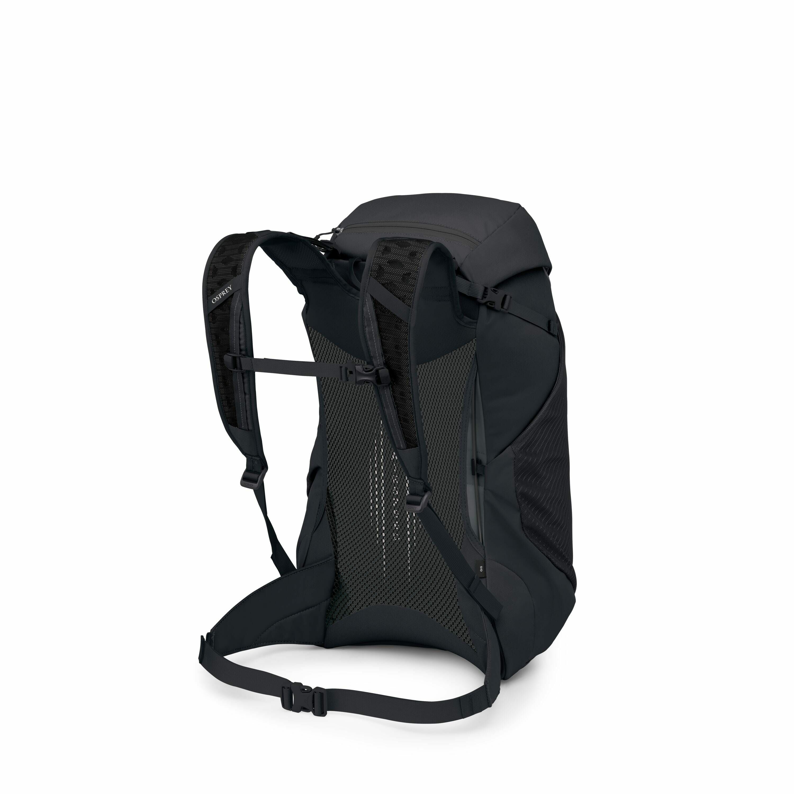 The image showcases a black backpack, positioned to display its backside where the straps and mesh padding are visible. The backpack features adjustable shoulder straps with a chest strap, designed for comfort and stability during wear. There is a mesh pa