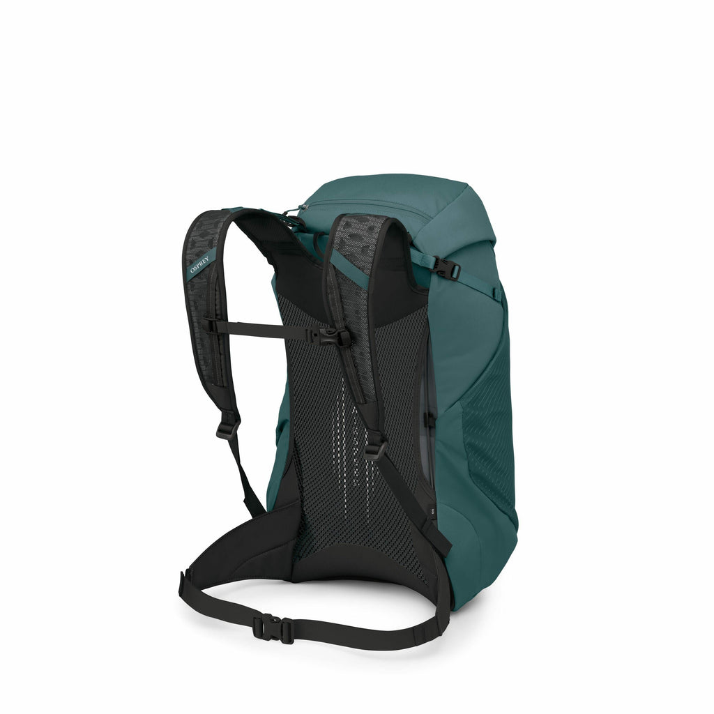 The image depicts a teal-colored backpack designed for outdoor use, likely intended for hiking or trekking. It features adjustable straps with a sturdy mesh back panel for enhanced airflow and comfort during extended wear. The backpack has side pockets an