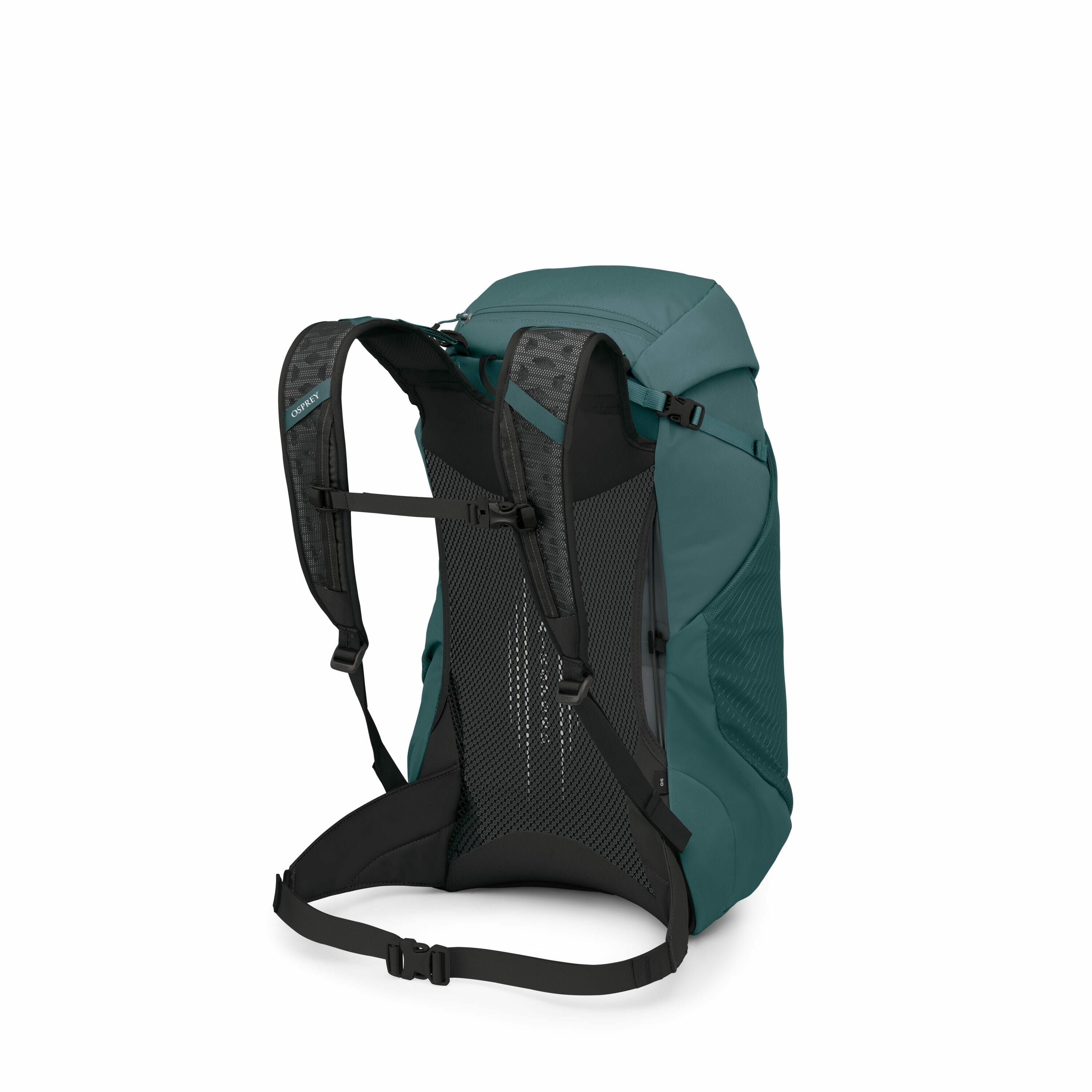The image depicts a teal-colored backpack designed for outdoor use, likely intended for hiking or trekking. It features adjustable straps with a sturdy mesh back panel for enhanced airflow and comfort during extended wear. The backpack has side pockets an