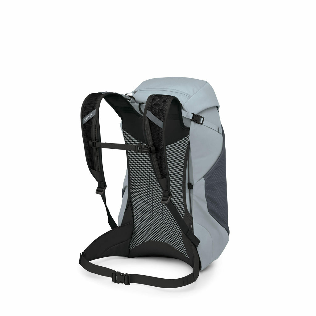The image displays a light gray backpack from a rear angle, showcasing its straps and mesh back panel. The backpack features adjustable shoulder straps, a sternum strap, and a hip belt for comfortable carrying. The Osprey logo is visible on one of the sho
