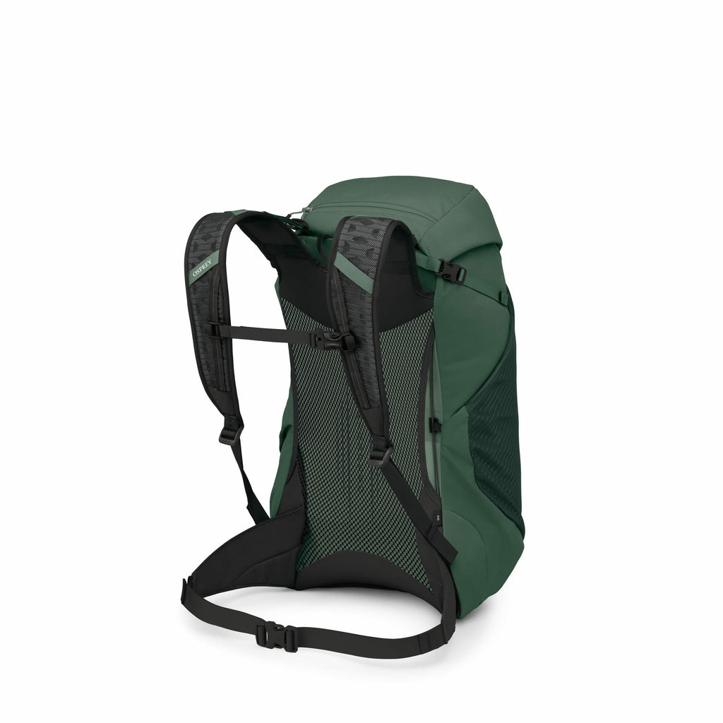 The image shows a dark green backpack with a sleek and modern design, viewed primarily from the back. It features black shoulder straps with a camouflage pattern and an "Osprey" logo. The backpack has a mesh back panel for ventilation and a hip belt for a