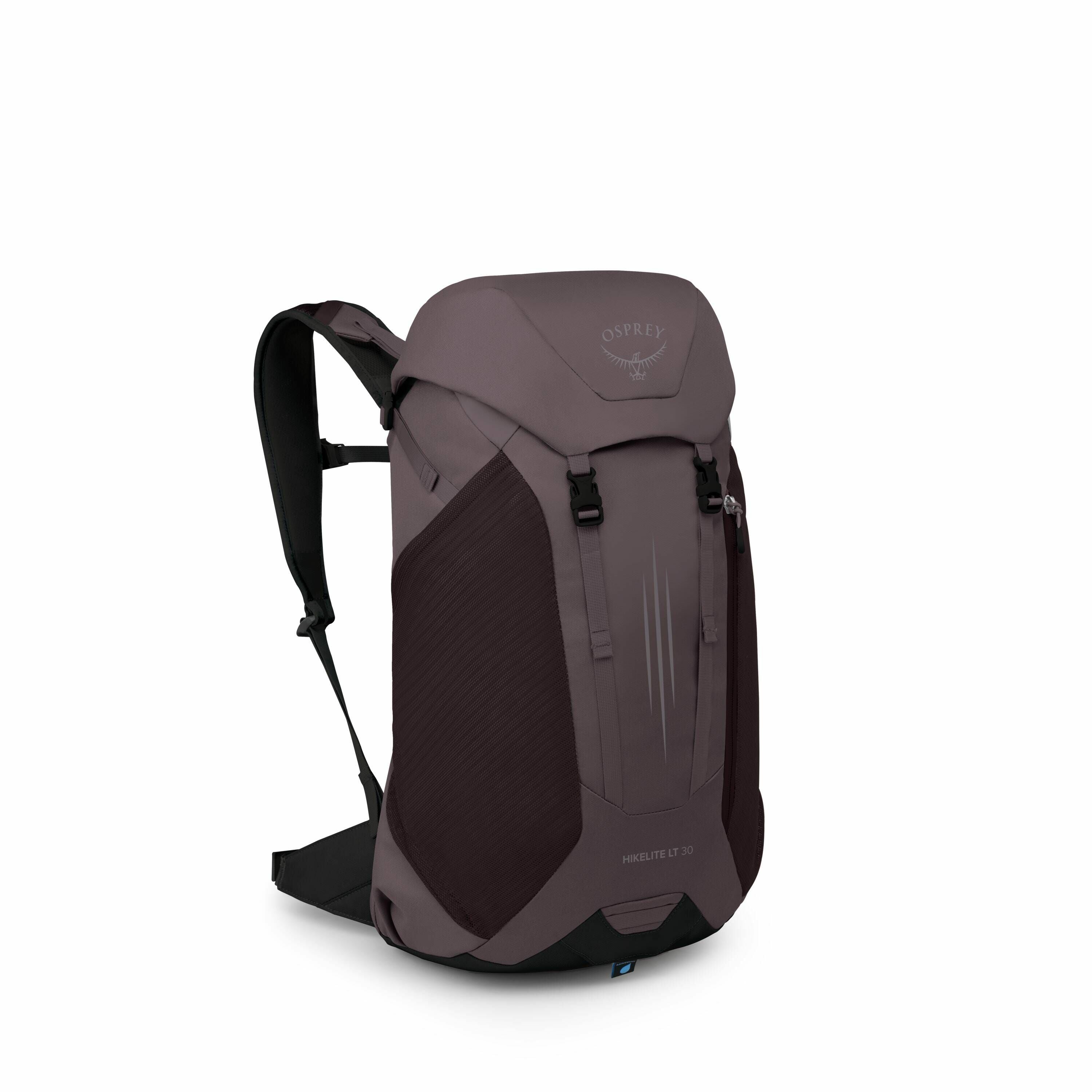 The image showcases a sleek and modern Osprey backpack, model Hikelite LT 30, designed for hiking and outdoor activities. It features a streamlined design with a dark, muted color palette that includes shades of grey and black. The backpack has multiple c