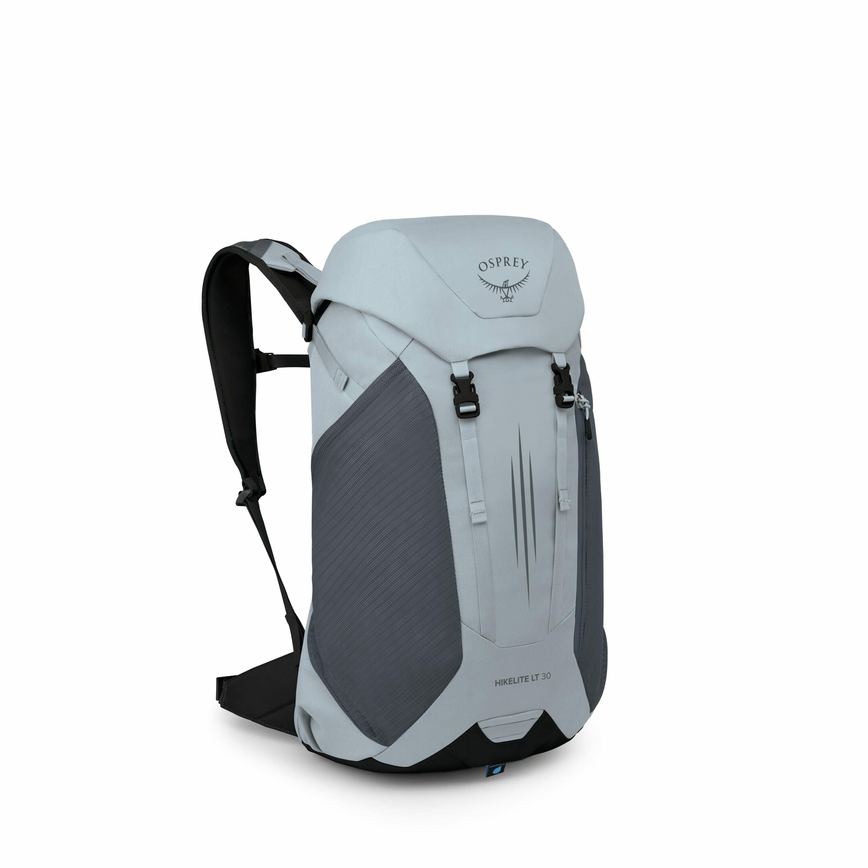 The image features a backpack from Osprey, specifically the Hikelite LT 30 model, displayed in a light gray and dark gray color scheme. It has a sleek, aerodynamic design with a top flap featuring the Osprey logo, showcasing a bird emblem and the brand na