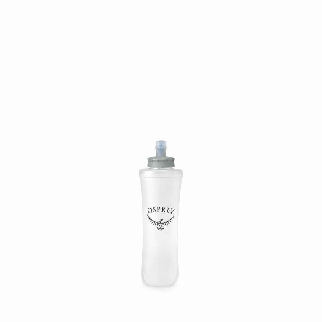 The image shows a clear, collapsible water bottle designed by Osprey. The bottle is cylindrical with a slightly narrower top, featuring a gray screw-on cap and a blue valve. The Osprey logo, consisting of the word "OSPREY" and a stylized bird with outstre