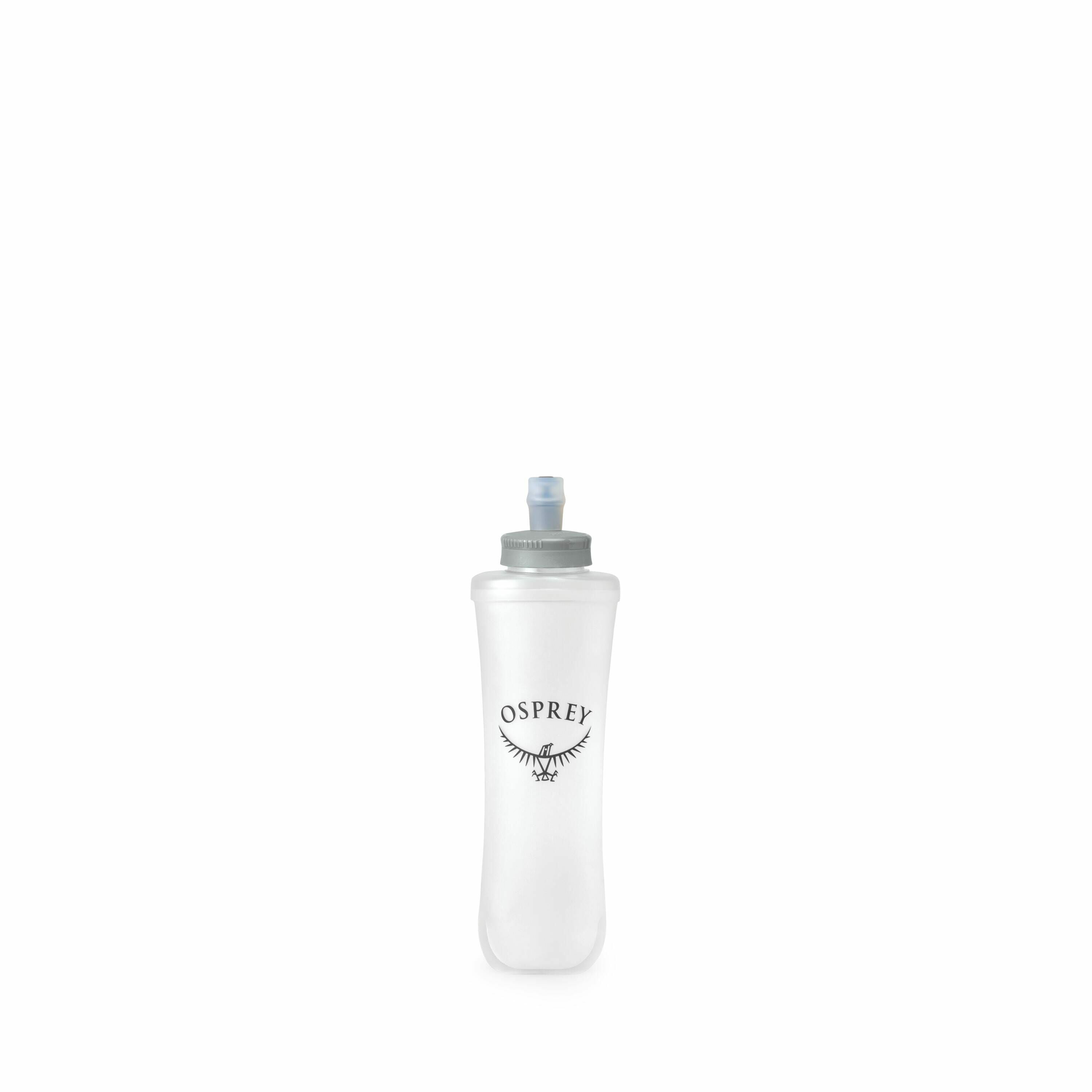 The image shows a clear, collapsible water bottle designed by Osprey. The bottle is cylindrical with a slightly narrower top, featuring a gray screw-on cap and a blue valve. The Osprey logo, consisting of the word "OSPREY" and a stylized bird with outstre