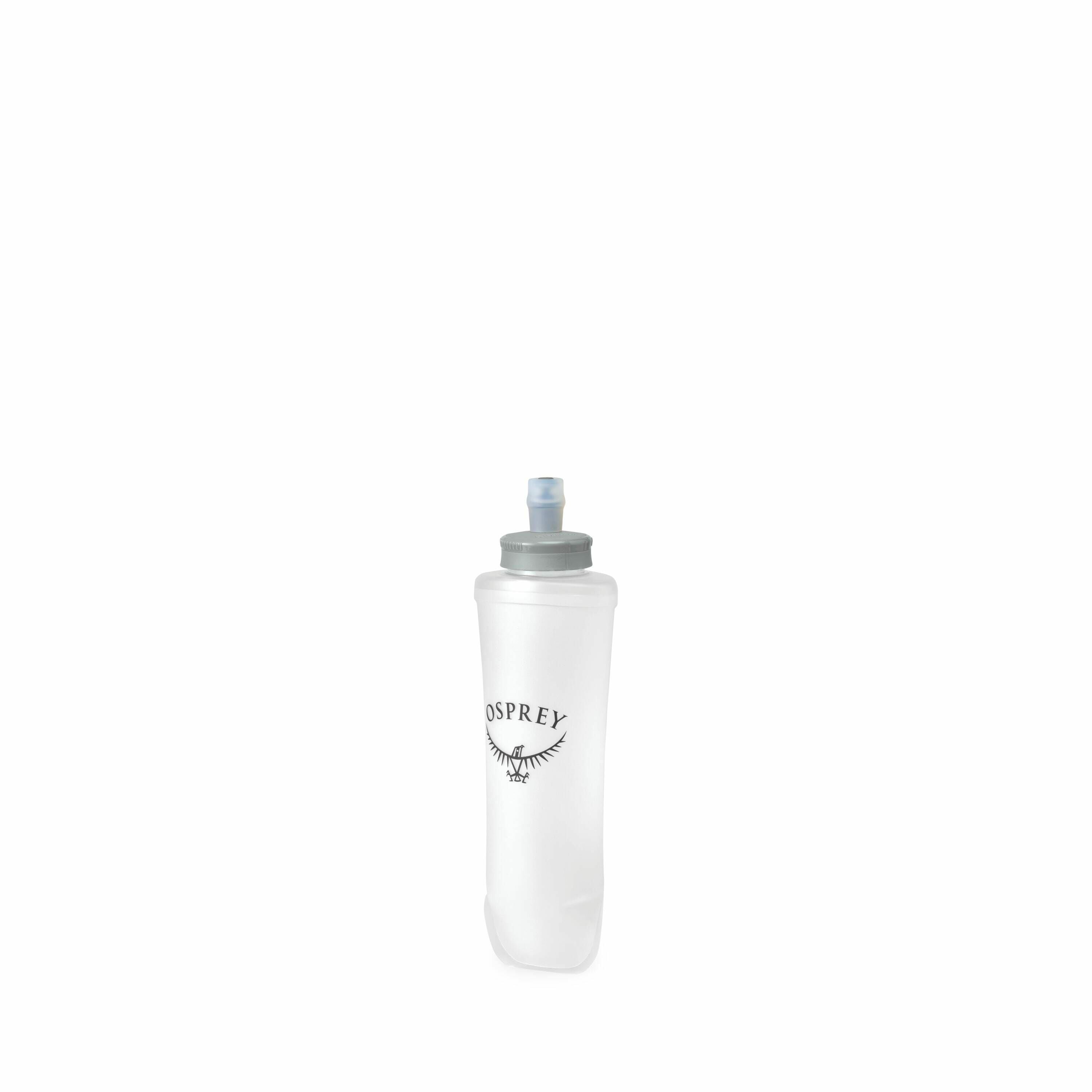 The image features a translucent, flexible water bottle designed for easy hydration. The bottle is predominantly clear with a grey cap, and it has a bite valve for drinking. The logo "OSPREY" is prominently displayed in black on the front, accompanied by