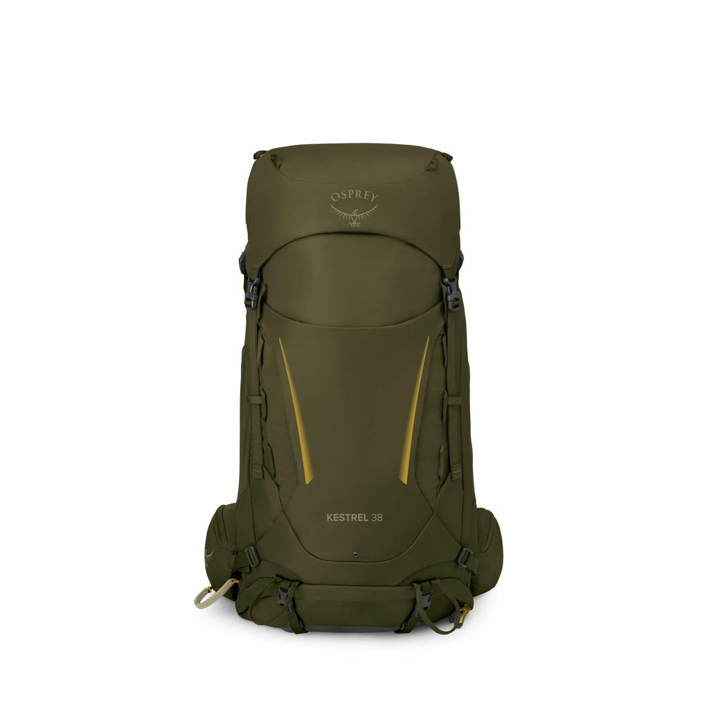 The image showcases a green Osprey Kestrel 38 backpack, designed for hiking or outdoor adventures. The backpack features a streamlined design with prominent yellow accents on the front, adding a touch of visibility and style. The Osprey logo is prominentl