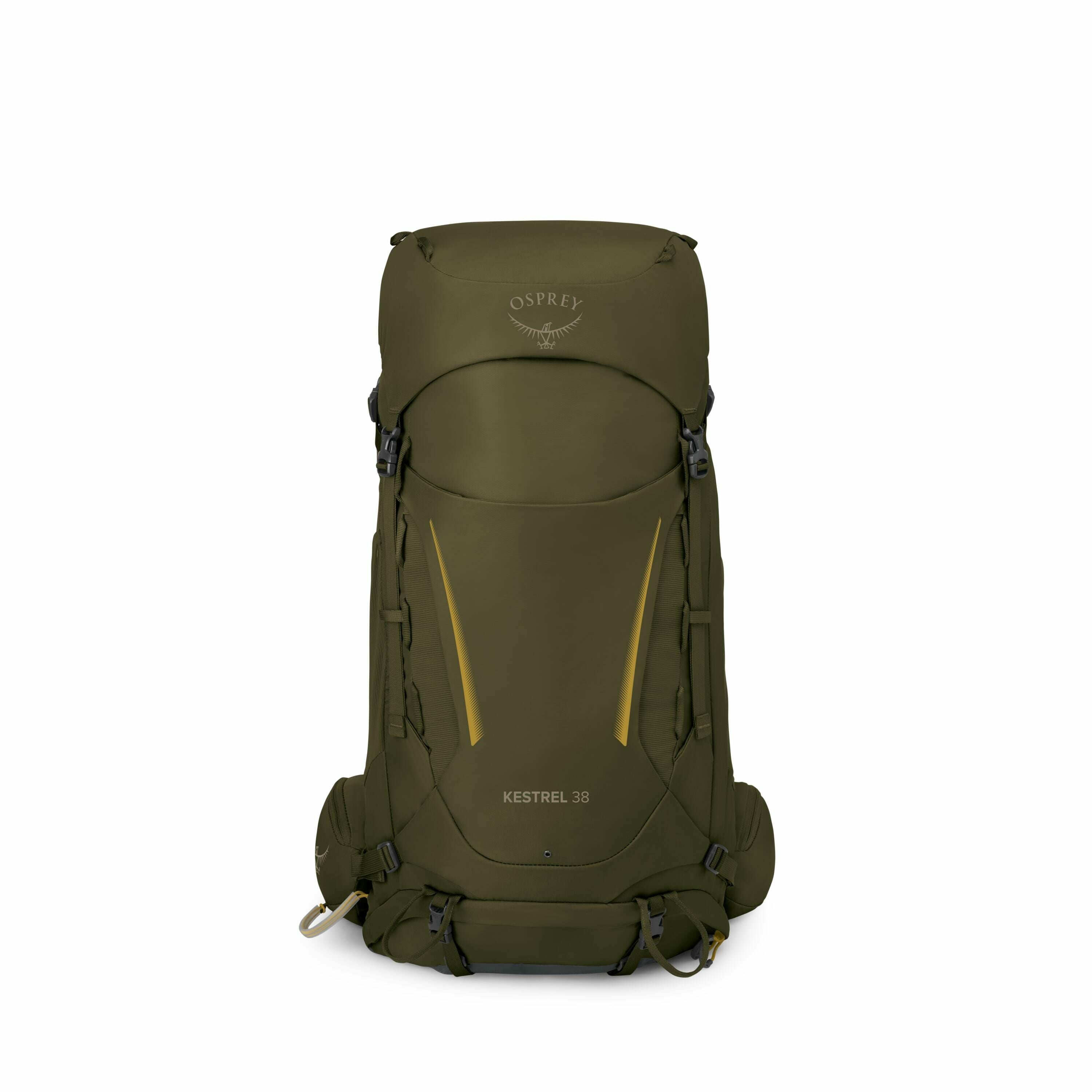 The image showcases a green Osprey Kestrel 38 backpack, designed for hiking or outdoor adventures. The backpack features a streamlined design with prominent yellow accents on the front, adding a touch of visibility and style. The Osprey logo is prominentl
