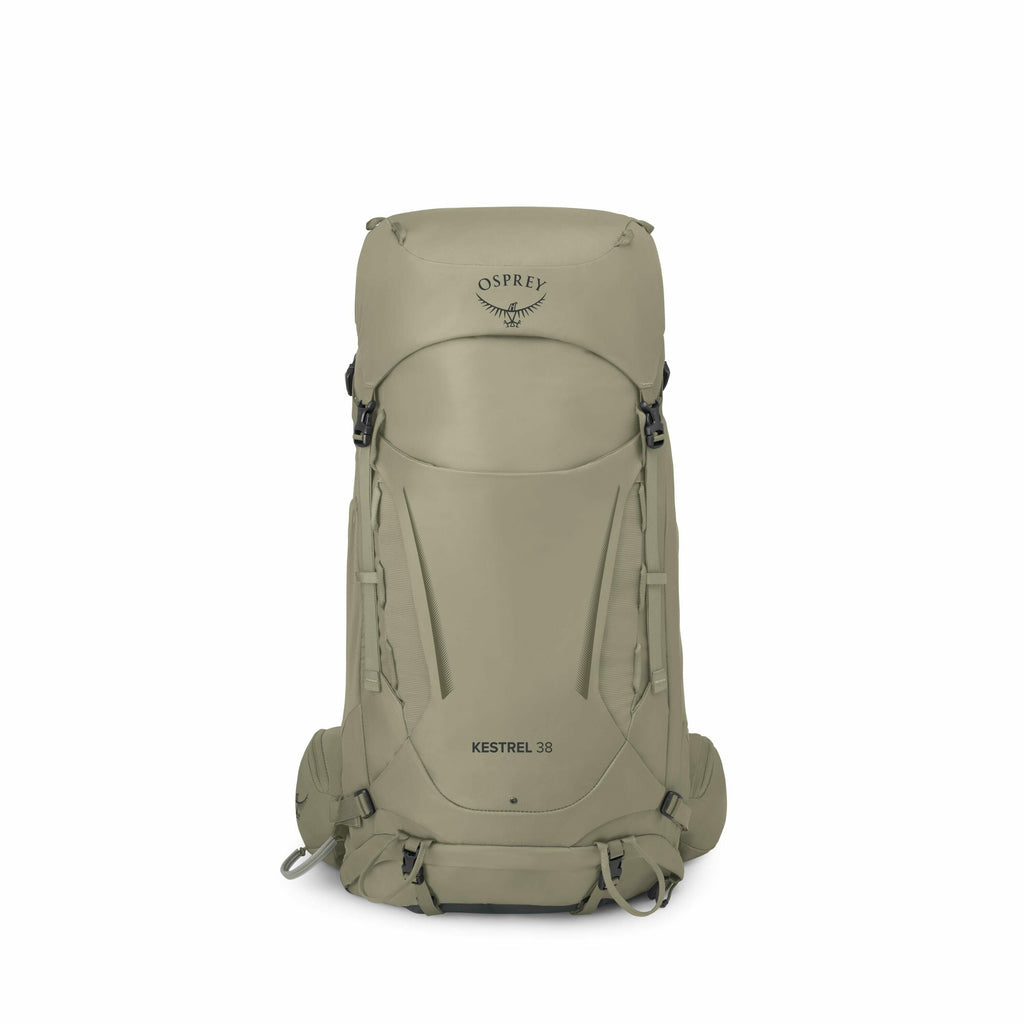 The image features an Osprey Kestrel 38 backpack, showcased in various perspectives and configurations. The backpack is designed for hiking and outdoor activities, with its sturdy build and practical features. The first few images display the backpack in