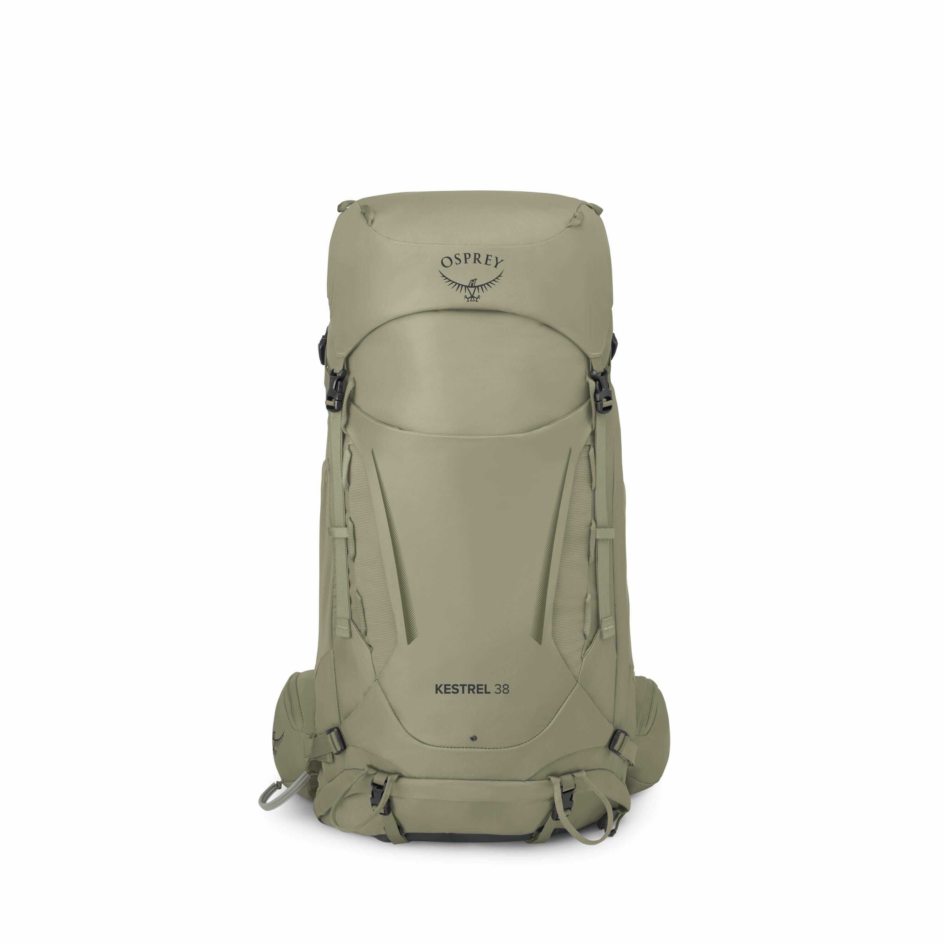 The image features an Osprey Kestrel 38 backpack, showcased in various perspectives and configurations. The backpack is designed for hiking and outdoor activities, with its sturdy build and practical features. The first few images display the backpack in