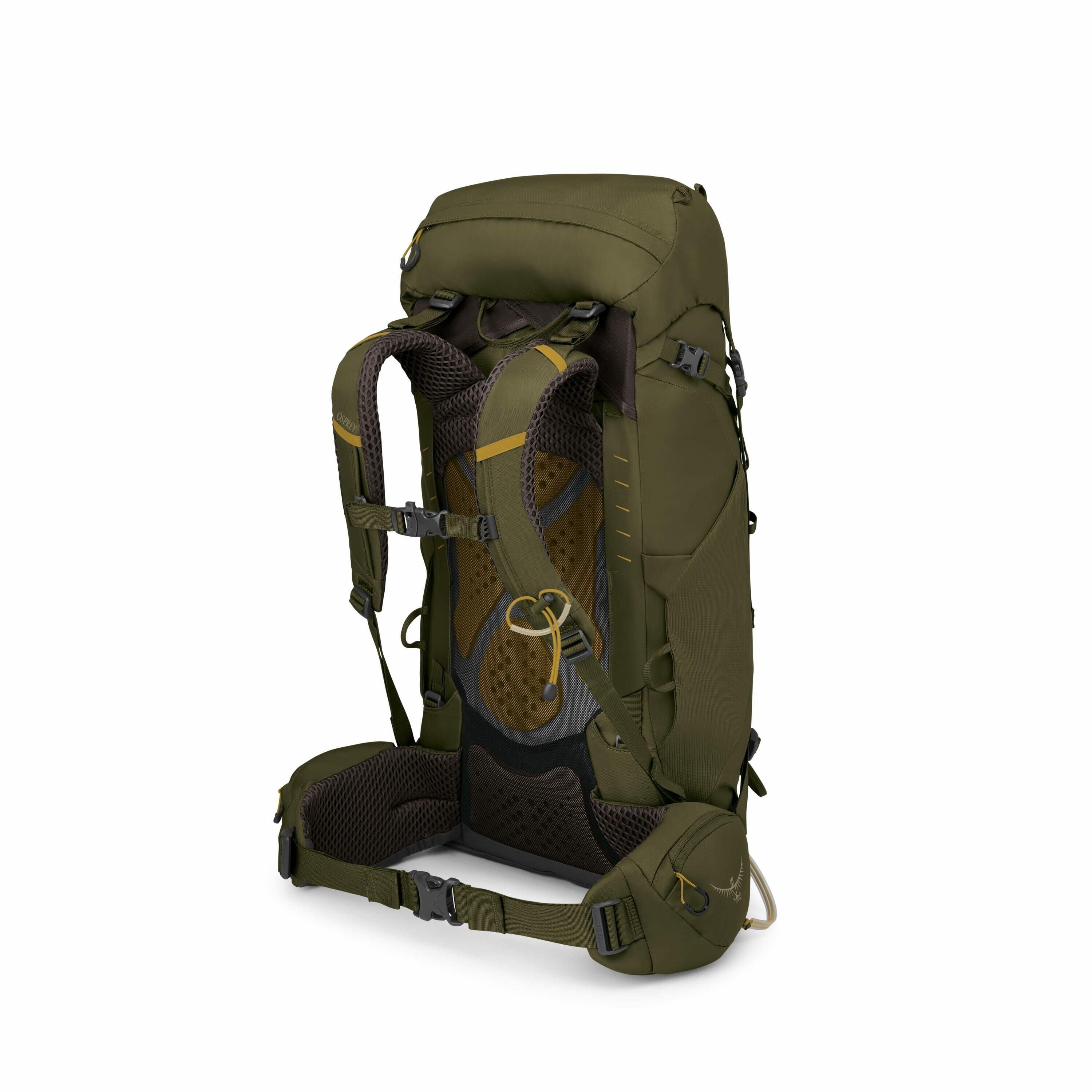 The image shows an olive green hiking backpack designed for outdoor adventures. The backpack features adjustable shoulder straps and a padded back panel, offering ergonomic comfort for the wearer. There are various buckles and straps visible, indicating m