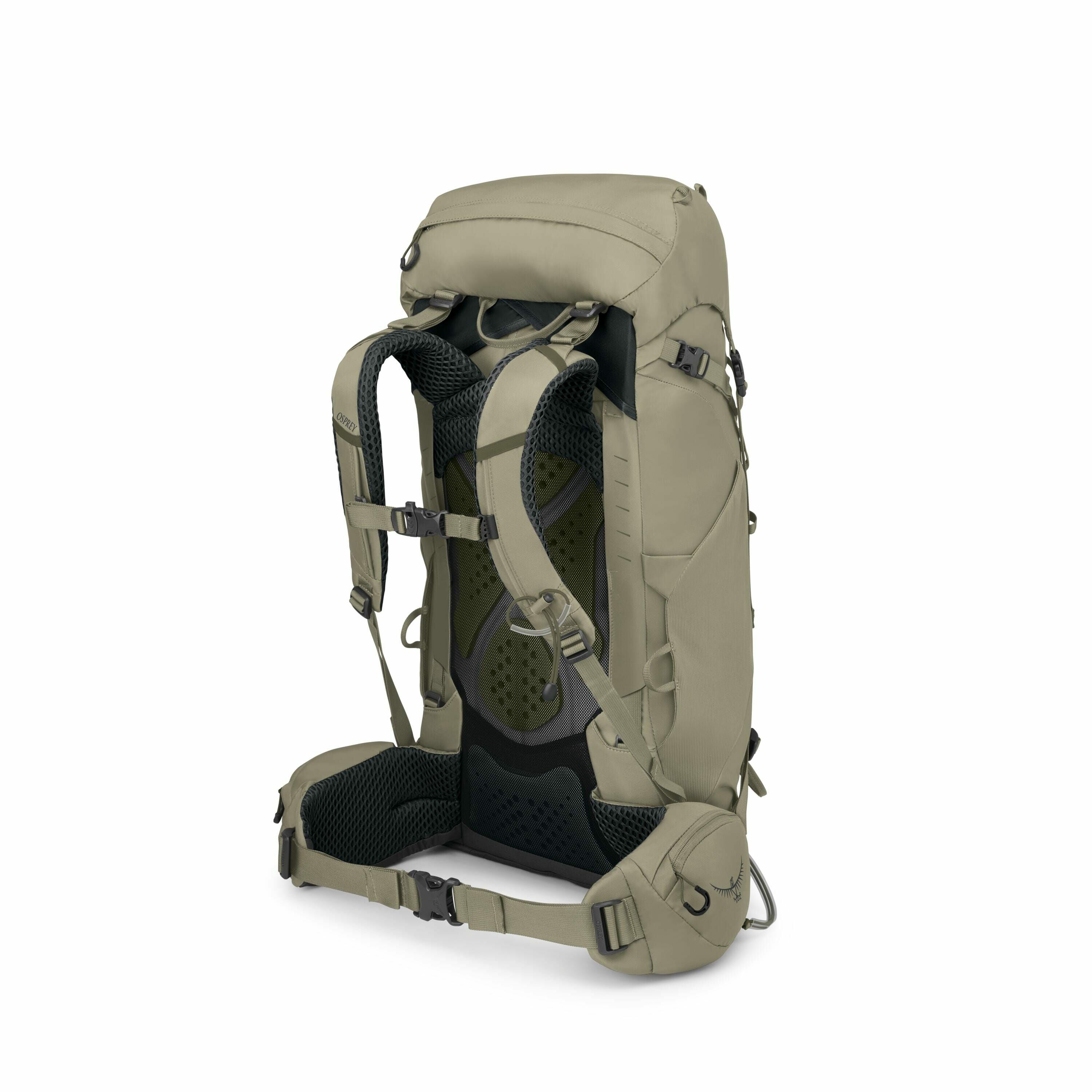 The image depicts a detailed breakdown of a hiking backpack, showcasing its various components and features. The backpack itself is a muted green color with multiple adjustable straps, padded sections for comfort, and ventilation zones to promote airflow.
