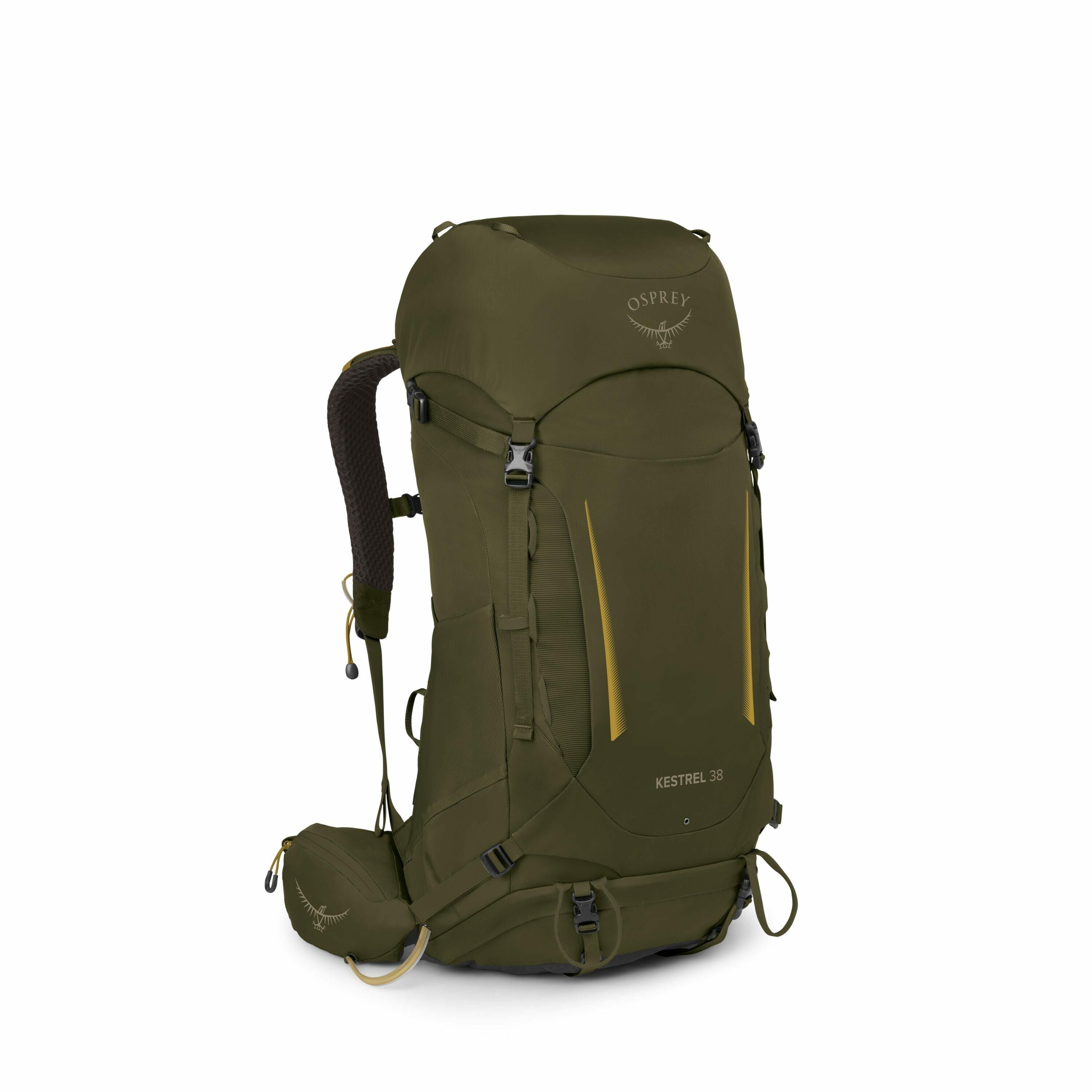 The image showcases an Osprey Kestrel 38 backpack, designed for outdoor adventures and hiking. The backpack features a deep green color with contrasting yellow accents, giving it a sleek and rugged appearance. It includes multiple compartments and straps,