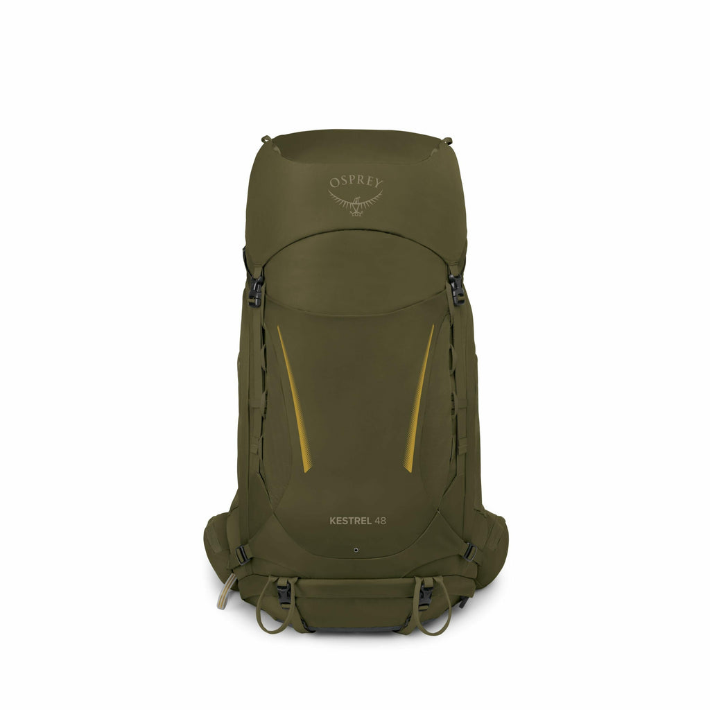 The image displays an Osprey Kestrel 48 backpack, which is designed for hiking and outdoor adventures. It has a deep green color with bright yellow accents along the front. The Osprey logo is prominently featured on the top lid of the backpack, and the na