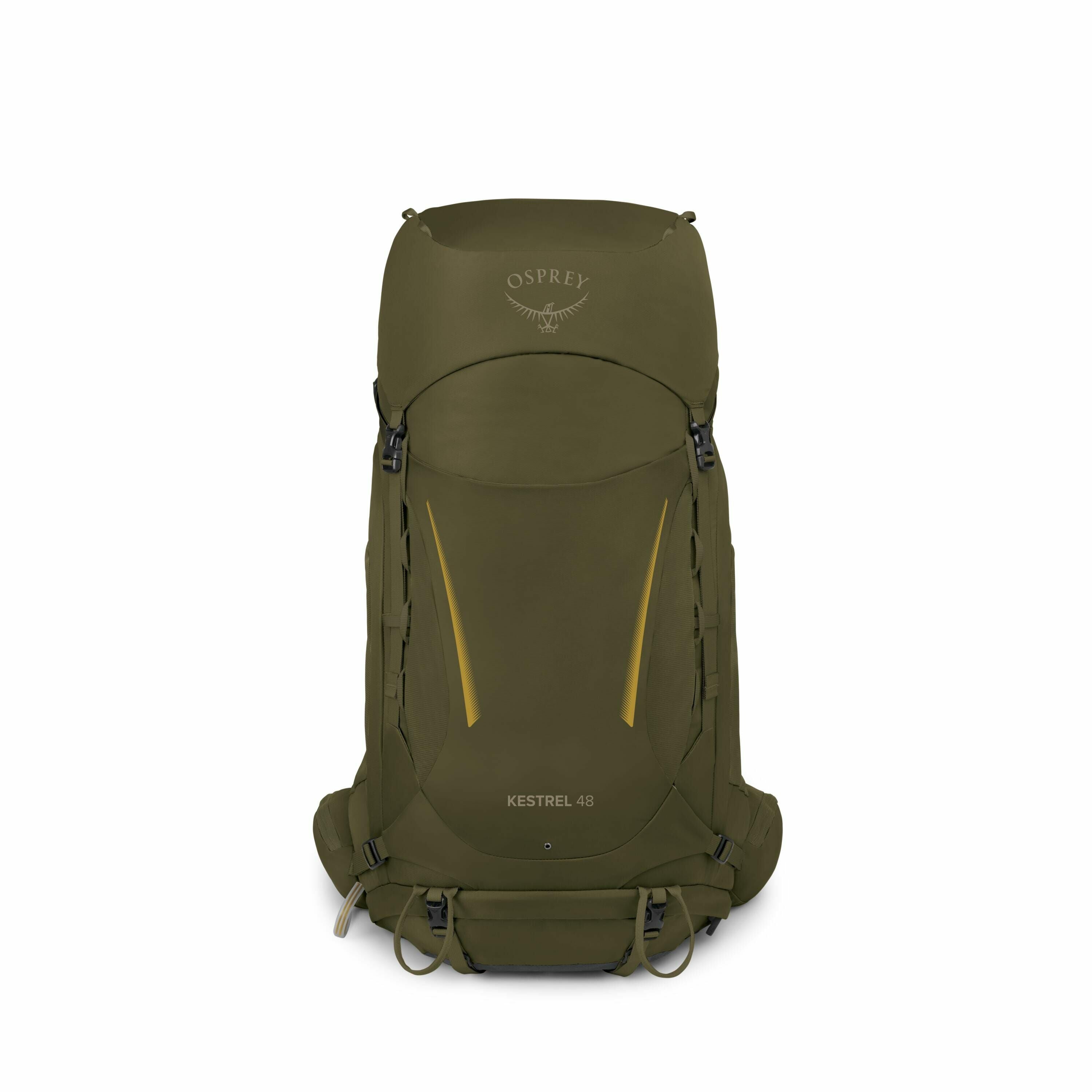 The image displays an Osprey Kestrel 48 backpack, which is designed for hiking and outdoor adventures. It has a deep green color with bright yellow accents along the front. The Osprey logo is prominently featured on the top lid of the backpack, and the na