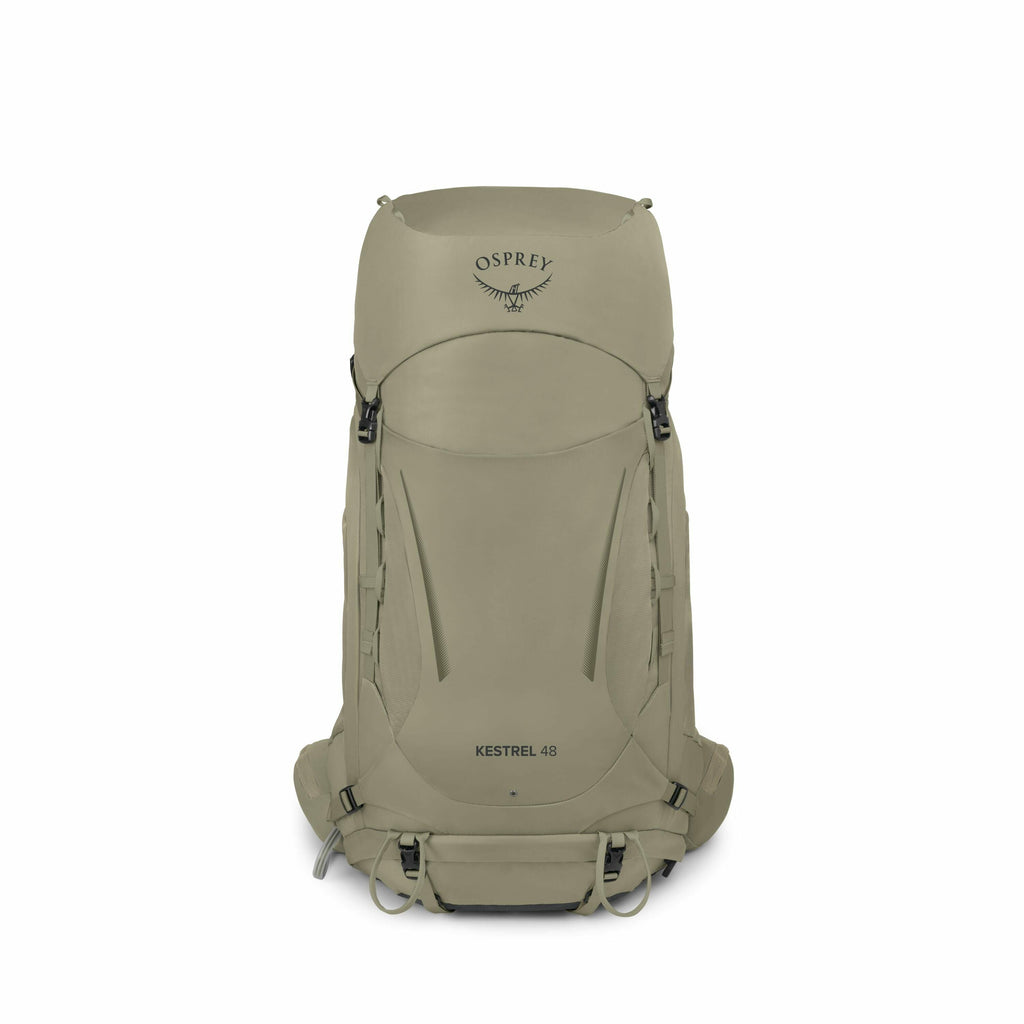 The images depict various components of an Osprey Kestrel 48 backpack, disassembled into parts. The first image shows the fully assembled backpack in a neutral, olive green color with the Osprey logo prominently displayed on the top flap. The subsequent i