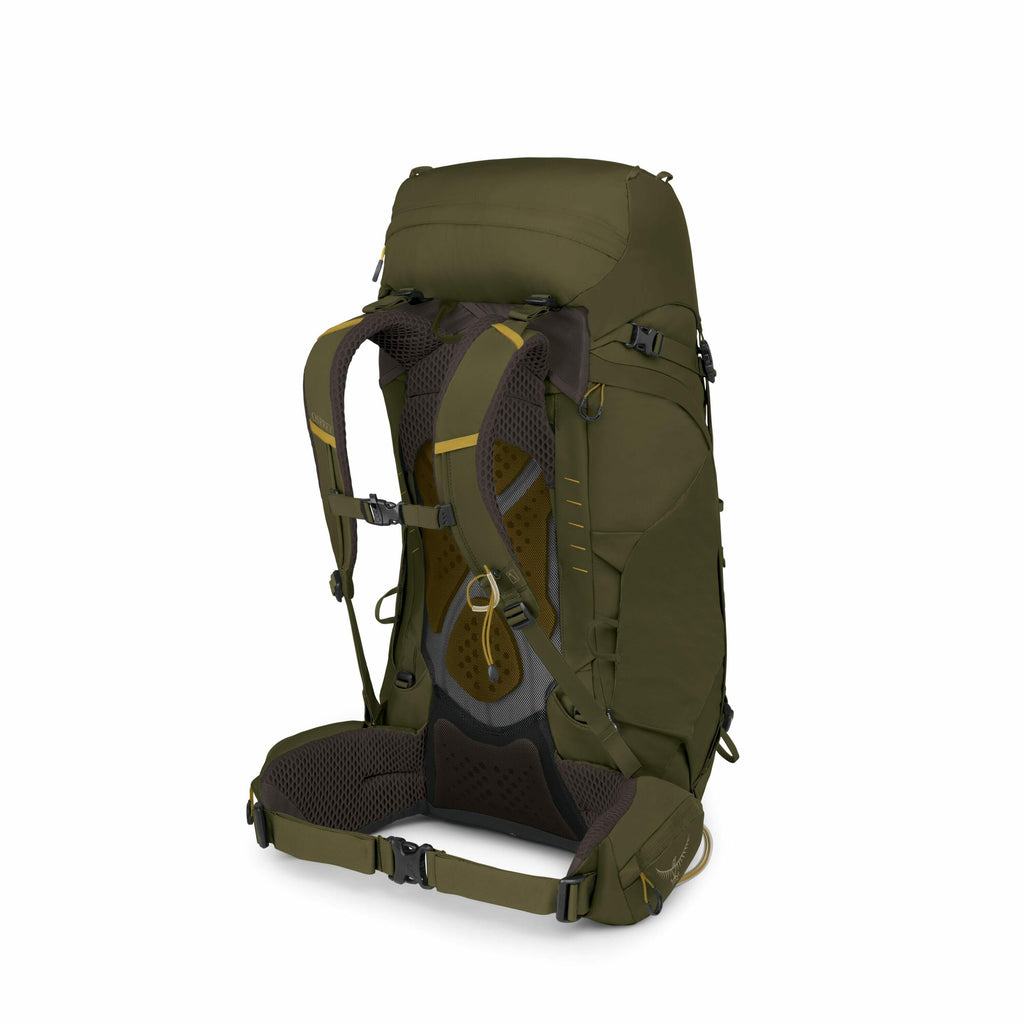 The image showcases a green hiking backpack featuring ergonomic shoulder straps and a padded hip belt for enhanced comfort during extended treks. The backpack is equipped with several adjustable straps and compartments, ideal for organizing and securing v