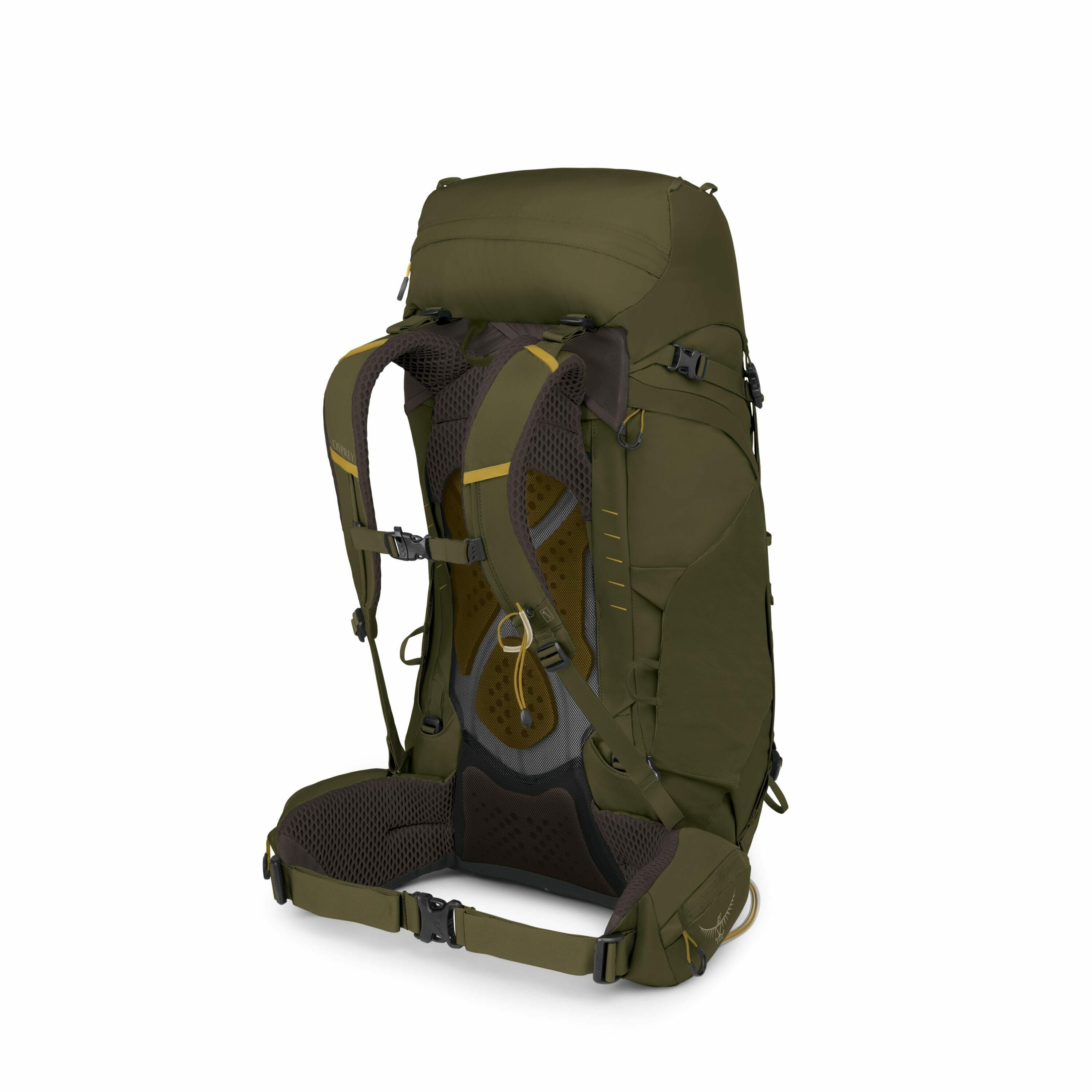 The image showcases a green hiking backpack featuring ergonomic shoulder straps and a padded hip belt for enhanced comfort during extended treks. The backpack is equipped with several adjustable straps and compartments, ideal for organizing and securing v