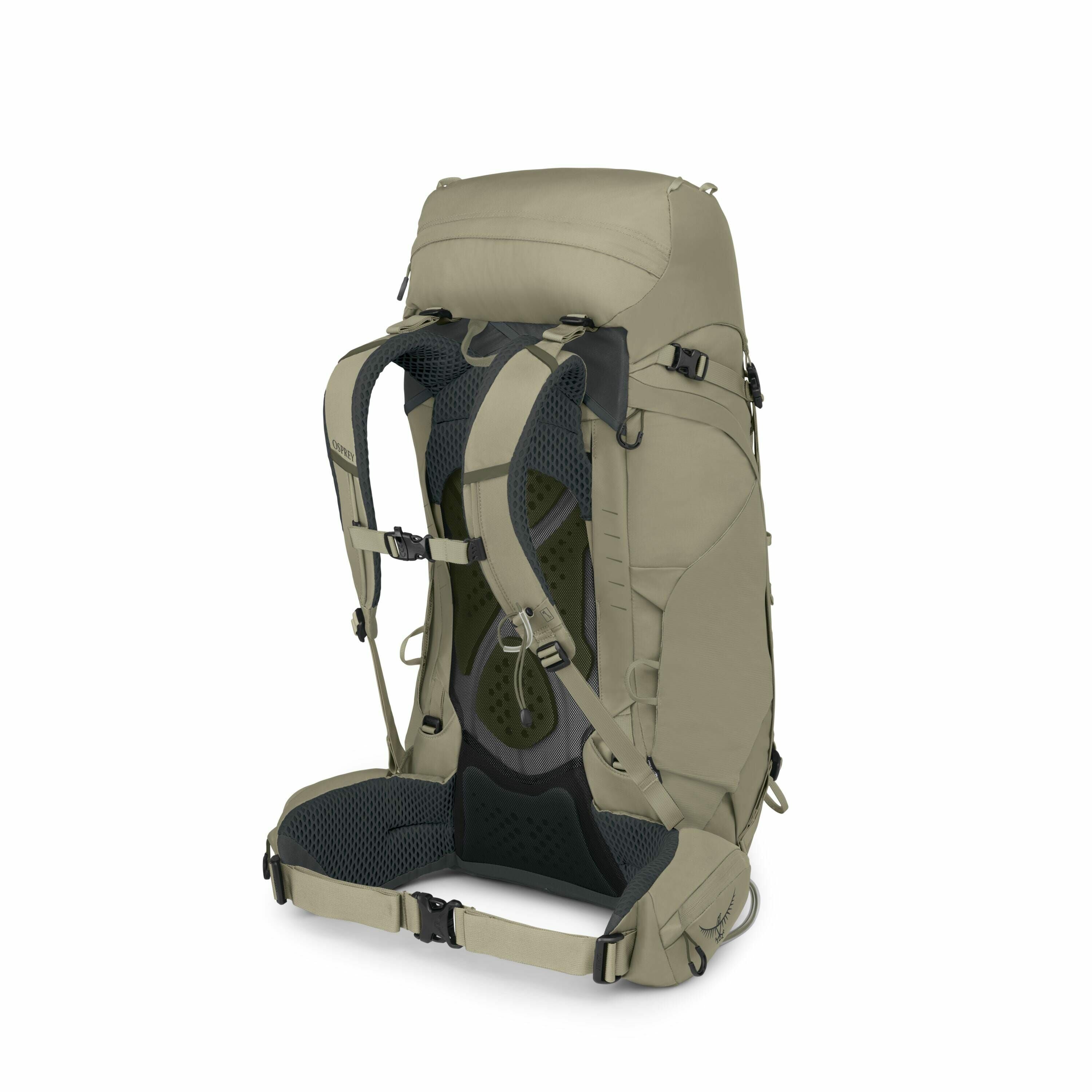 The image series depicts a tan-colored hiking backpack from various angles. The first image shows a full view of the backpack, highlighting its sturdy build with numerous straps and buckles, designed for comfortable and secure hiking. The subsequent image