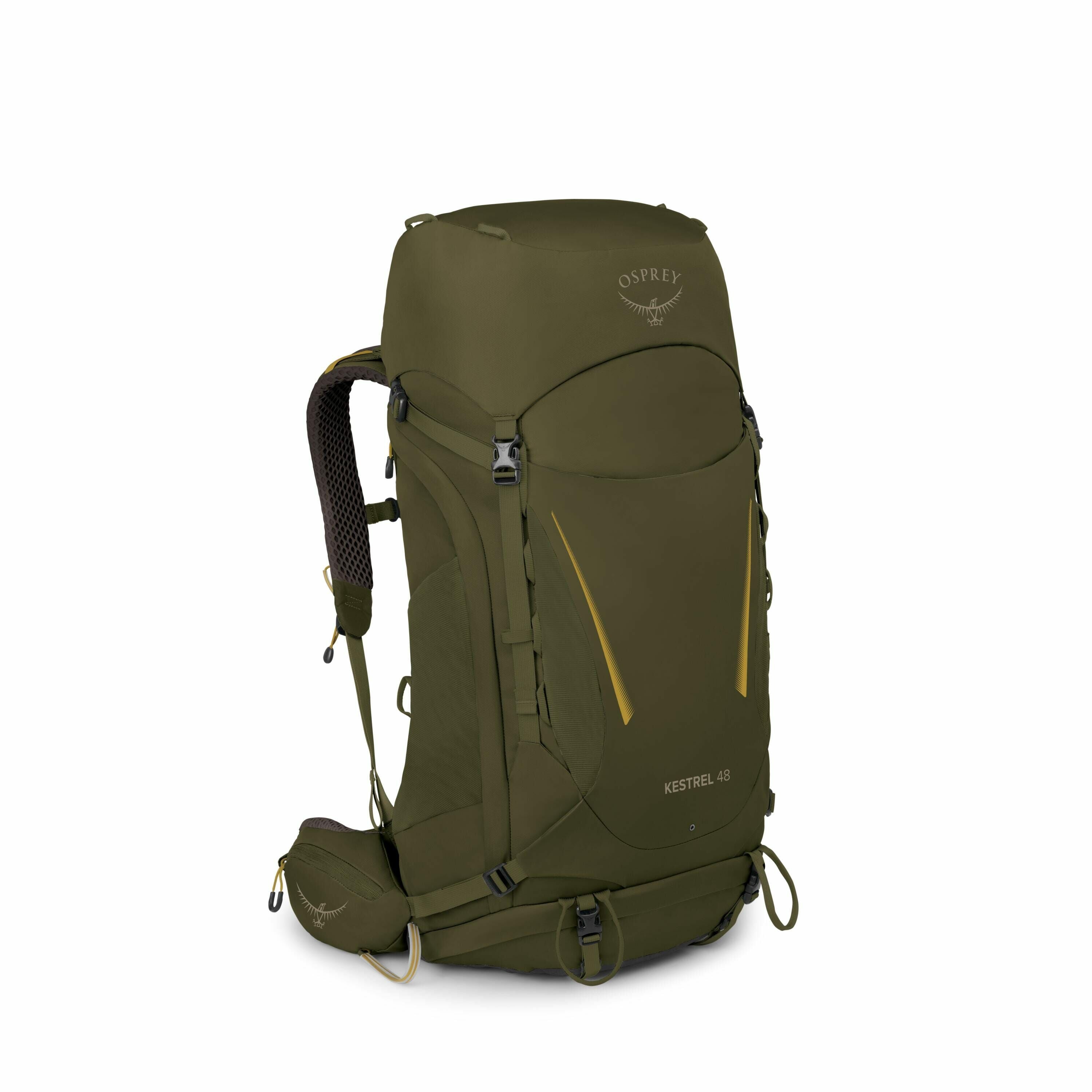 The image features an Osprey Kestrel 48 backpack in a deep green color with yellow accents. This hiking or trekking backpack has a streamlined design, featuring multiple compartments and pockets for storage. The front of the backpack displays the brand's