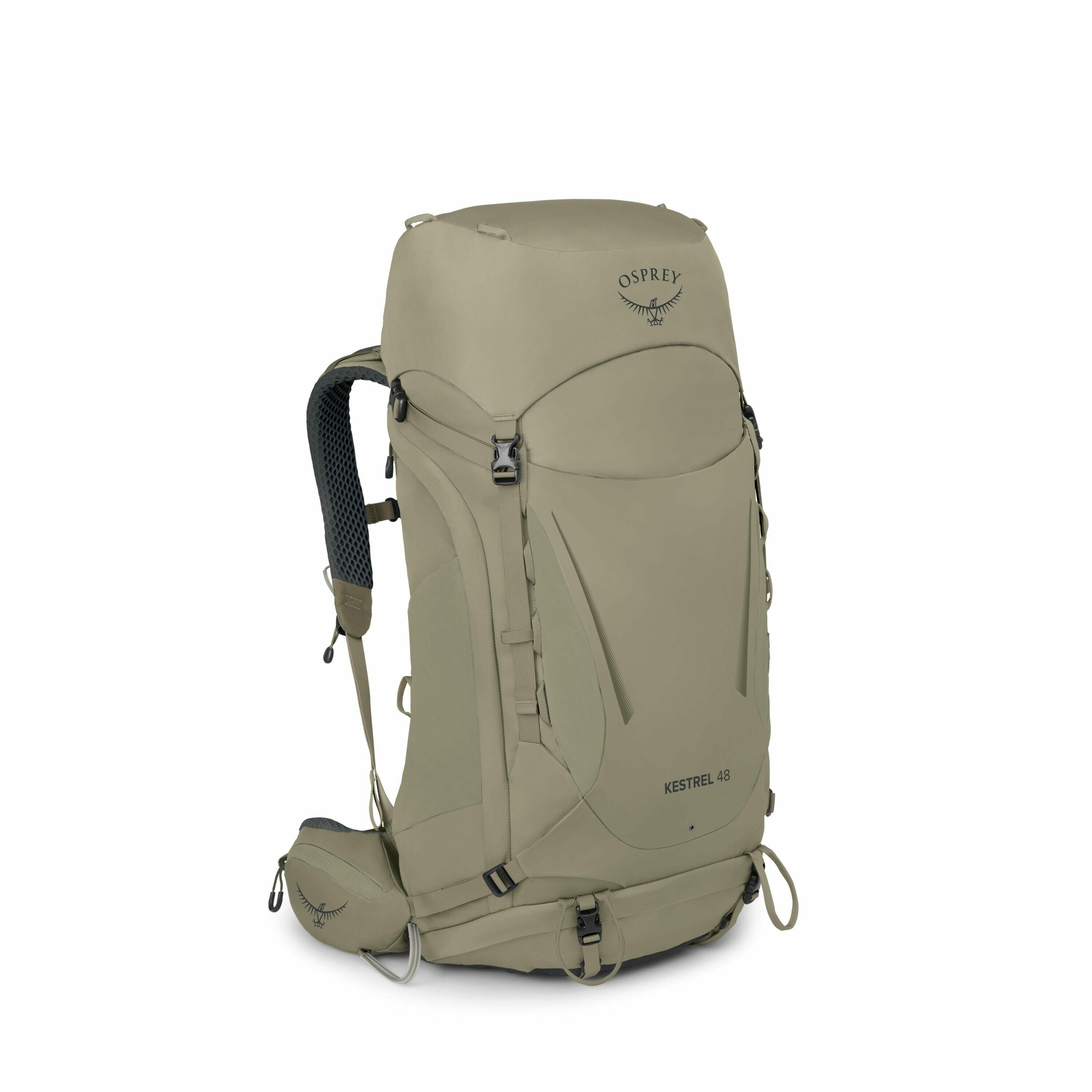 The image displays an Osprey Kestrel 48 backpack, designed for outdoor adventures like hiking and camping. The backpack is predominantly khaki with an Osprey logo at the top, featuring their distinctive bird silhouette and brand name. It has multiple comp