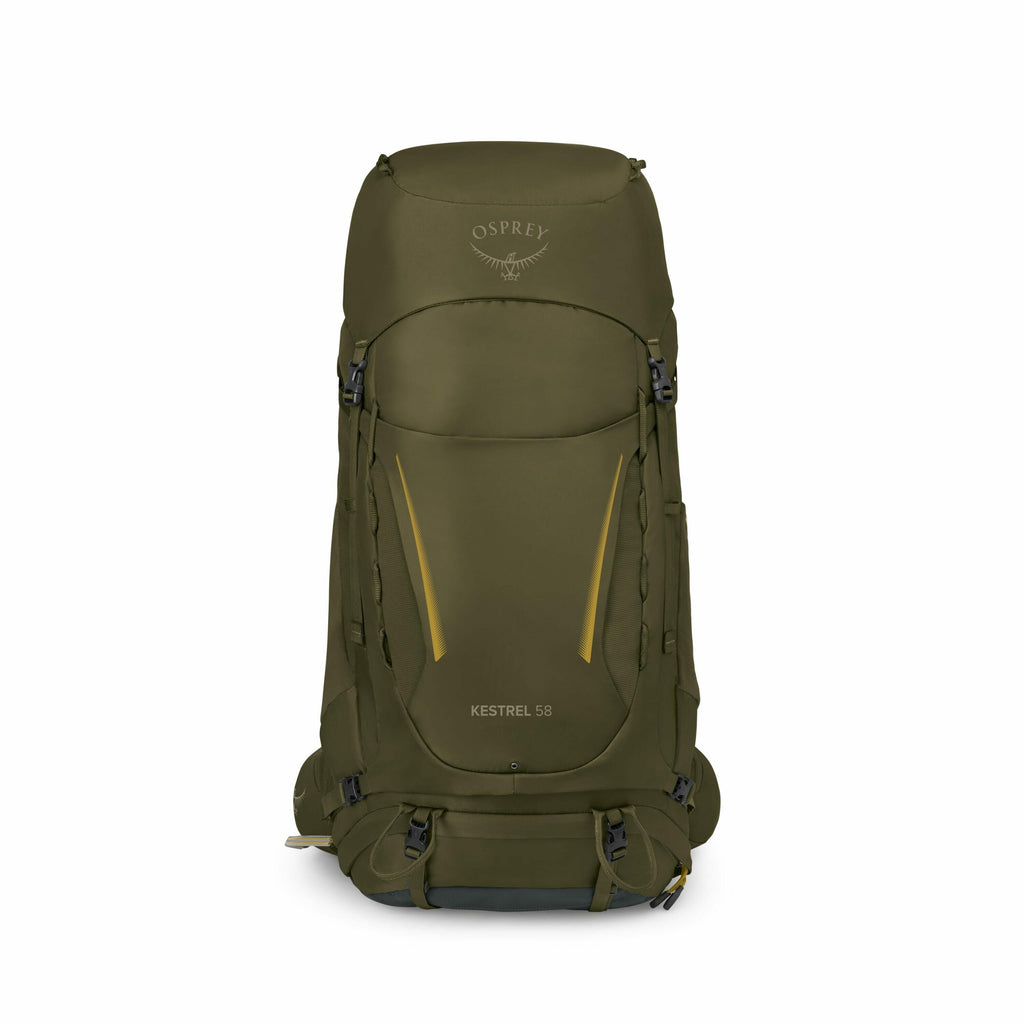 The image showcases a green Osprey Kestrel 58 backpack from various angles and components. The front view displays the backpack's sleek design with the Osprey logo prominently visible at the top. There are adjustable straps and buckles, which in one image