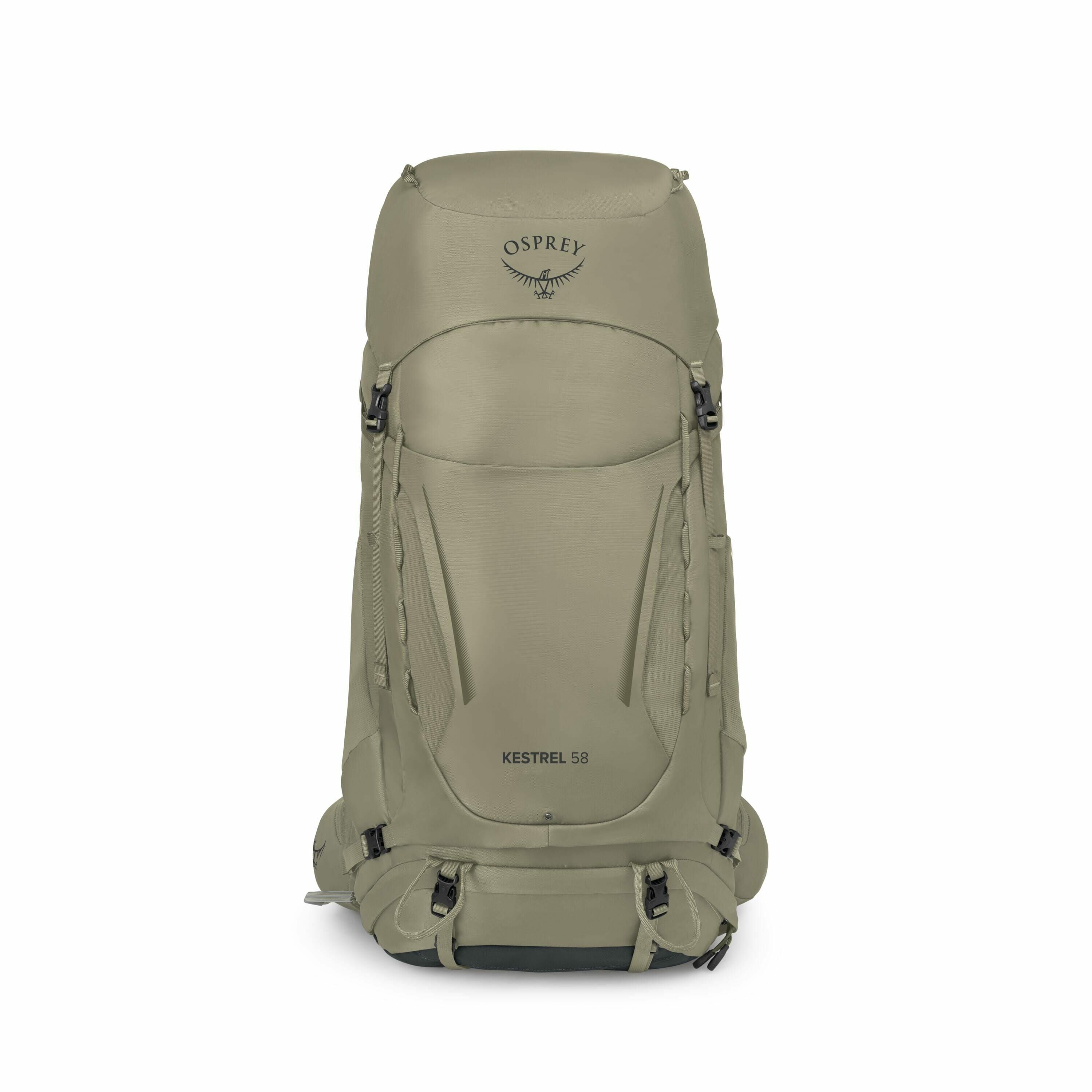 The image is a series of pictures showcasing a large Osprey backpack called the Kestrel 58. The backpack is designed for outdoor adventures and has a robust and functional design. It appears in different color options: one in a khaki shade, one in a muted
