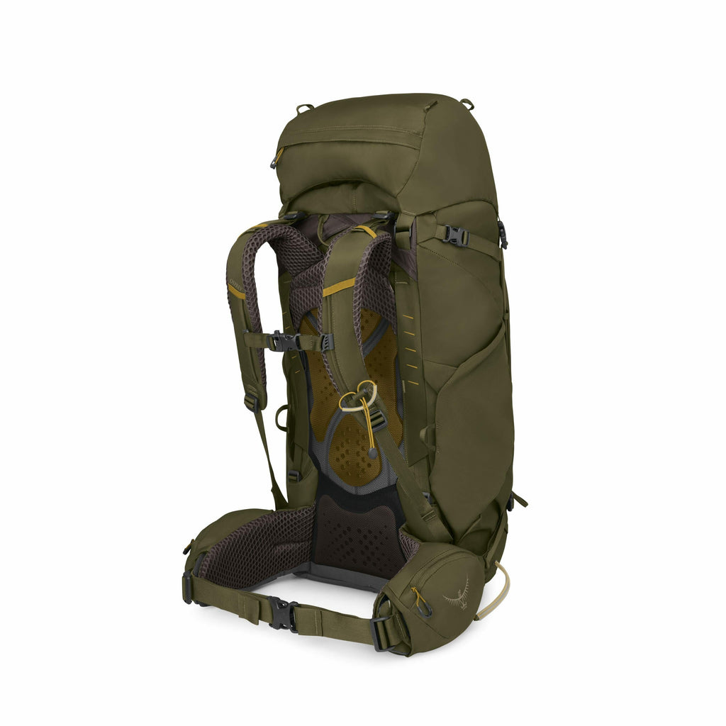 The image displays a high-quality, rugged backpack designed for outdoor activities, such as hiking or trekking. The backpack is predominantly olive green with detailed features like adjustable straps, cushioned back support, and a belt clip, ensuring comf