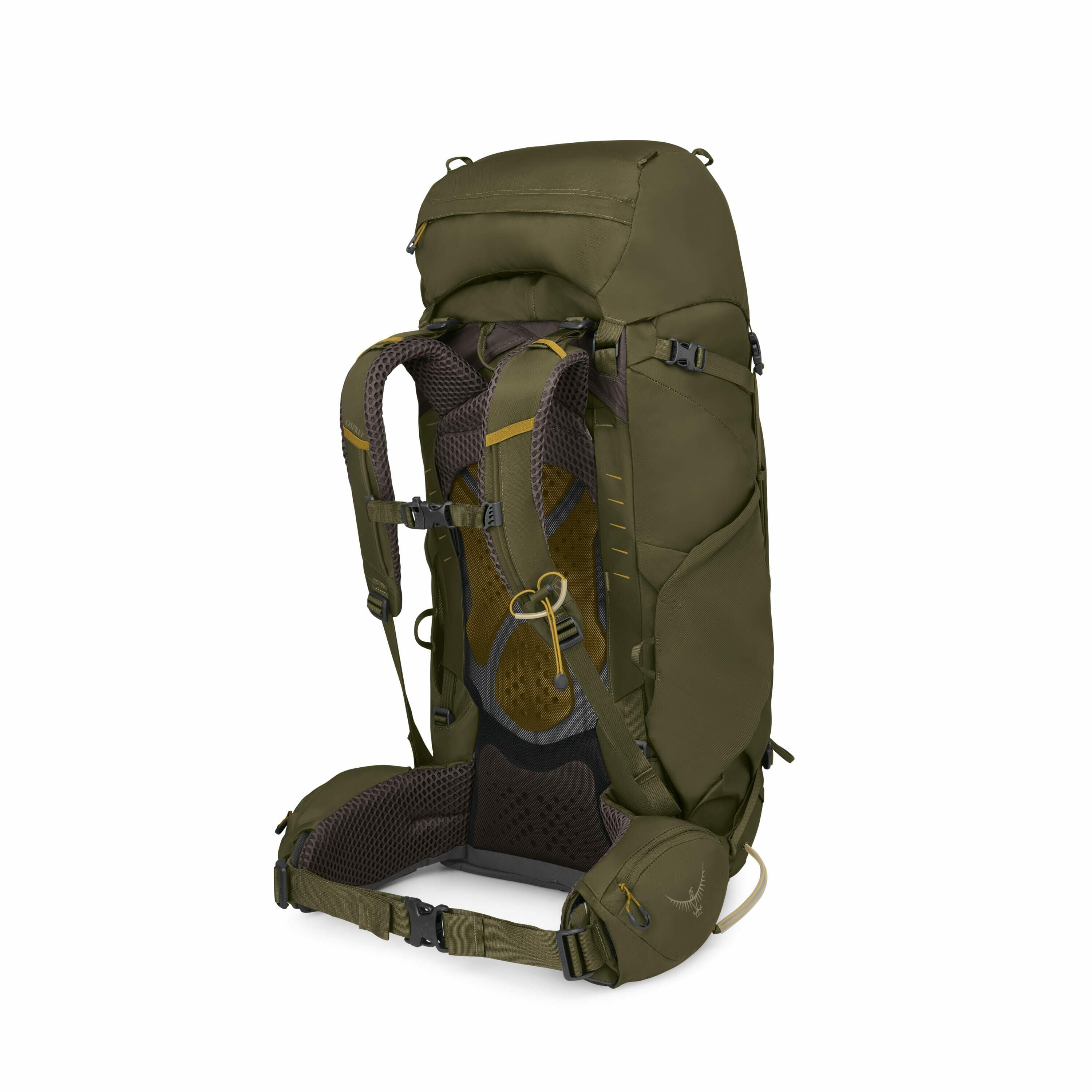 The image displays a high-quality, rugged backpack designed for outdoor activities, such as hiking or trekking. The backpack is predominantly olive green with detailed features like adjustable straps, cushioned back support, and a belt clip, ensuring comf