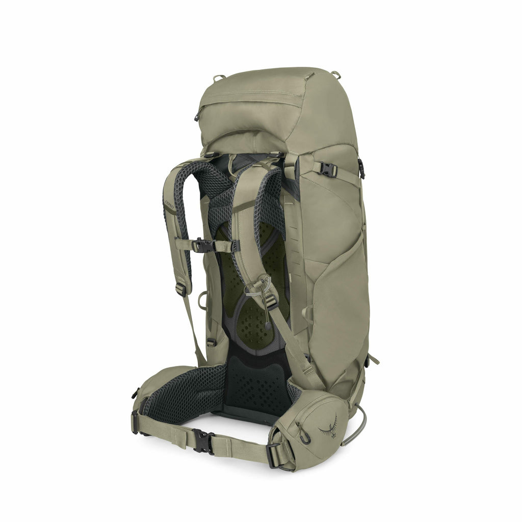 The image series showcases various angles and components of a hiking backpack, primarily in a sage green color. The backpack features a large main compartment with a top lid, adjustable straps, and a padded back panel for comfort. The straps are equipped
