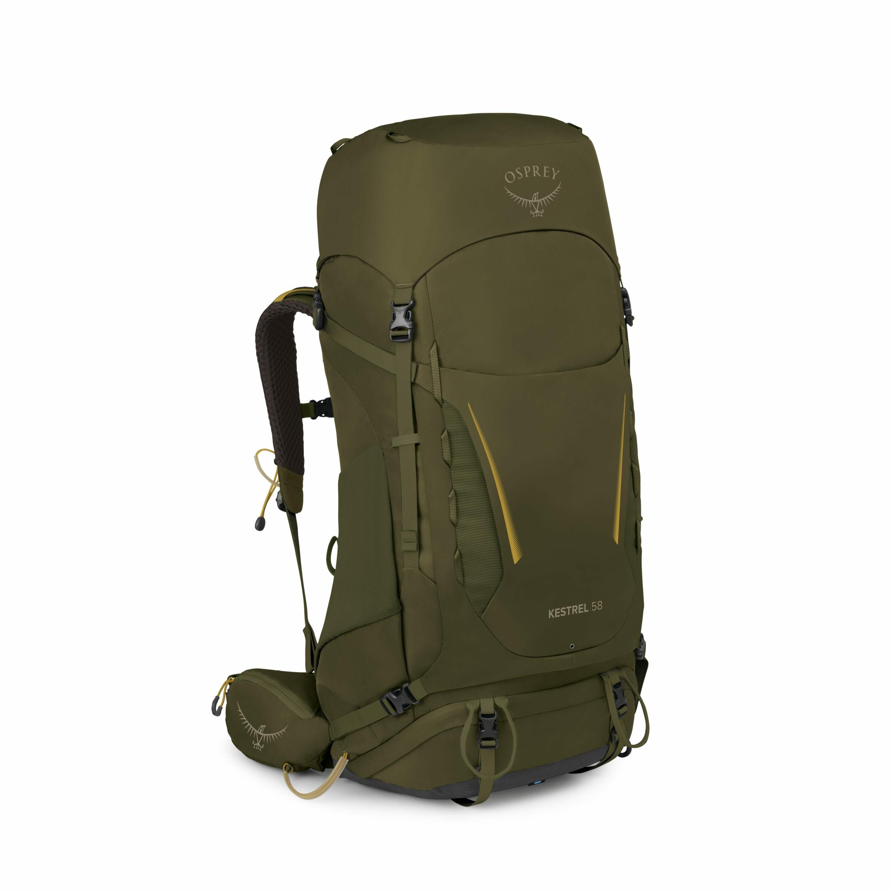 The image displays a green Osprey Kestrel 58 backpack designed for outdoor activities and hiking. The backpack has a streamlined shape and features various compartments and adjustable straps for comfort and versatility. It includes a large main compartmen