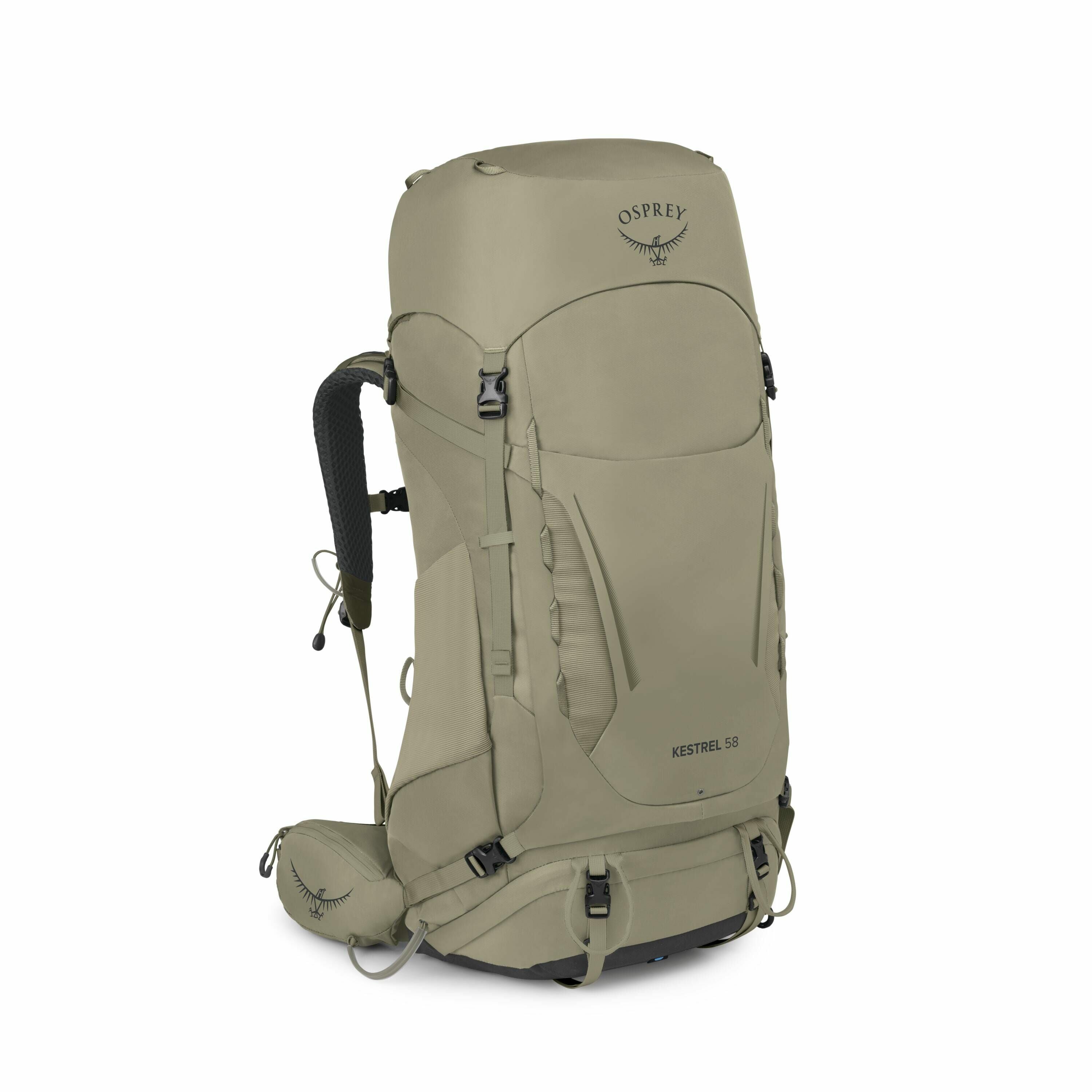 The image displays an Osprey Kestrel 58 backpack in a neutral, earth-toned color, ideal for outdoor adventures like hiking or backpacking. The backpack features a large main compartment with multiple external pockets for organization and easy access to ge