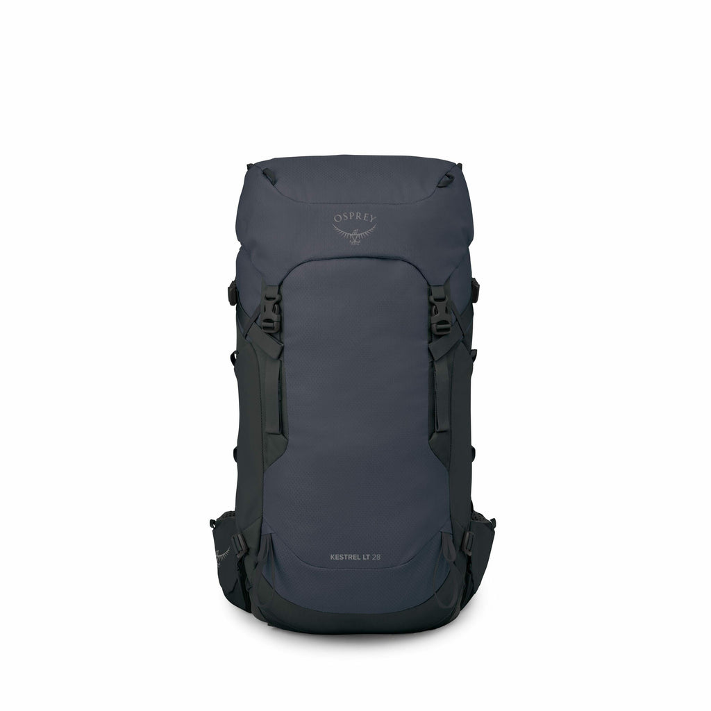 The images display a blue Osprey backpack, specifically the Kestrel LT 28 model. The backpack is designed for hiking or outdoor activities and features a sleek, streamlined look. It has adjustable shoulder straps and multiple clip buckles for secure closu