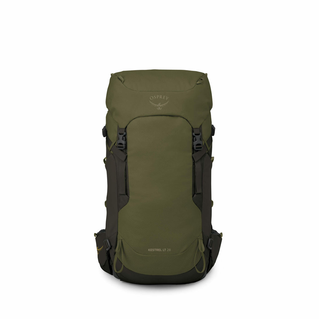 The images display a backpack from multiple angles, showcasing its features and design. The backpack is an Osprey Kestrel LT 28 model, predominantly in a green color with darker accents, which provide a rugged appearance suited for outdoor use. The front