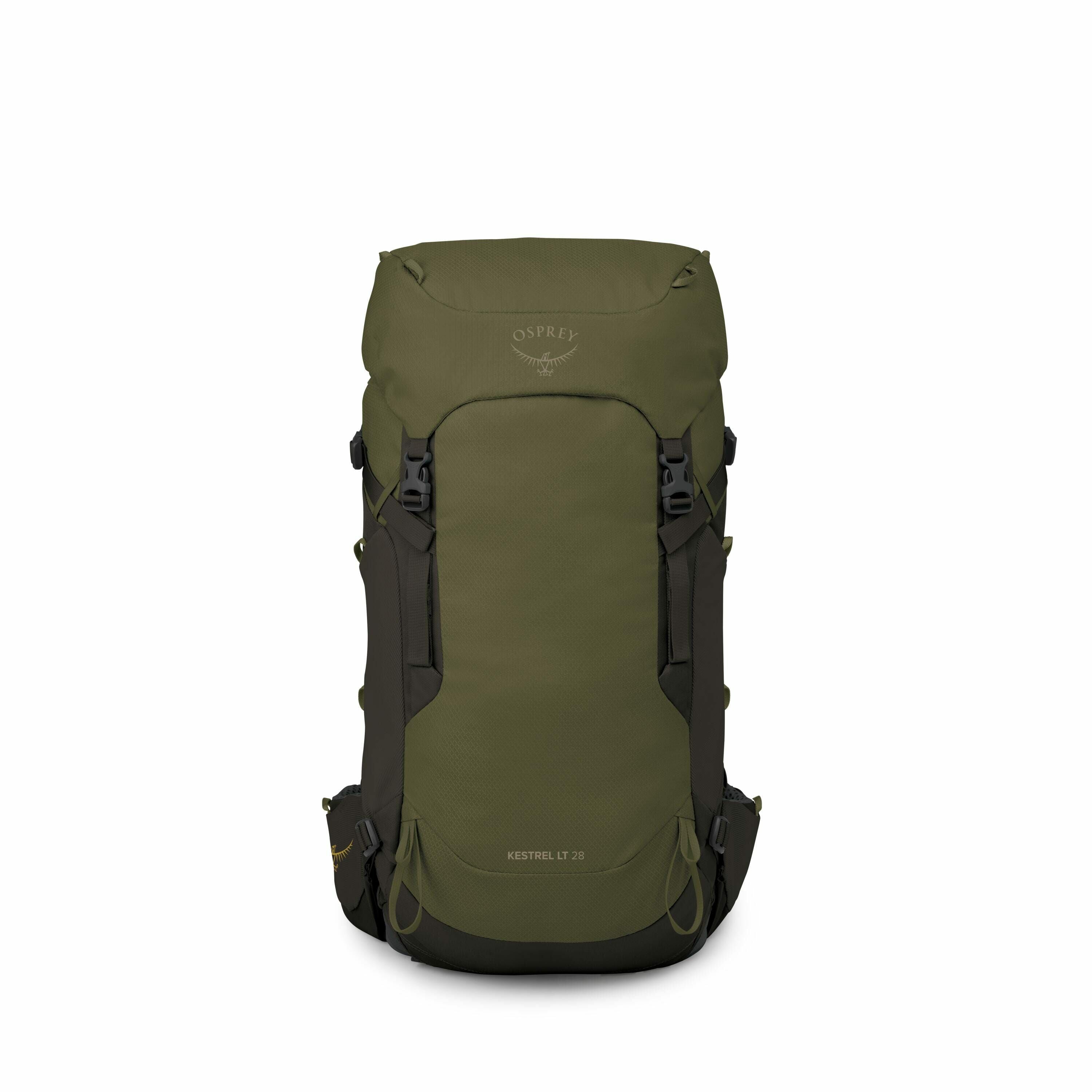 The images display a backpack from multiple angles, showcasing its features and design. The backpack is an Osprey Kestrel LT 28 model, predominantly in a green color with darker accents, which provide a rugged appearance suited for outdoor use. The front