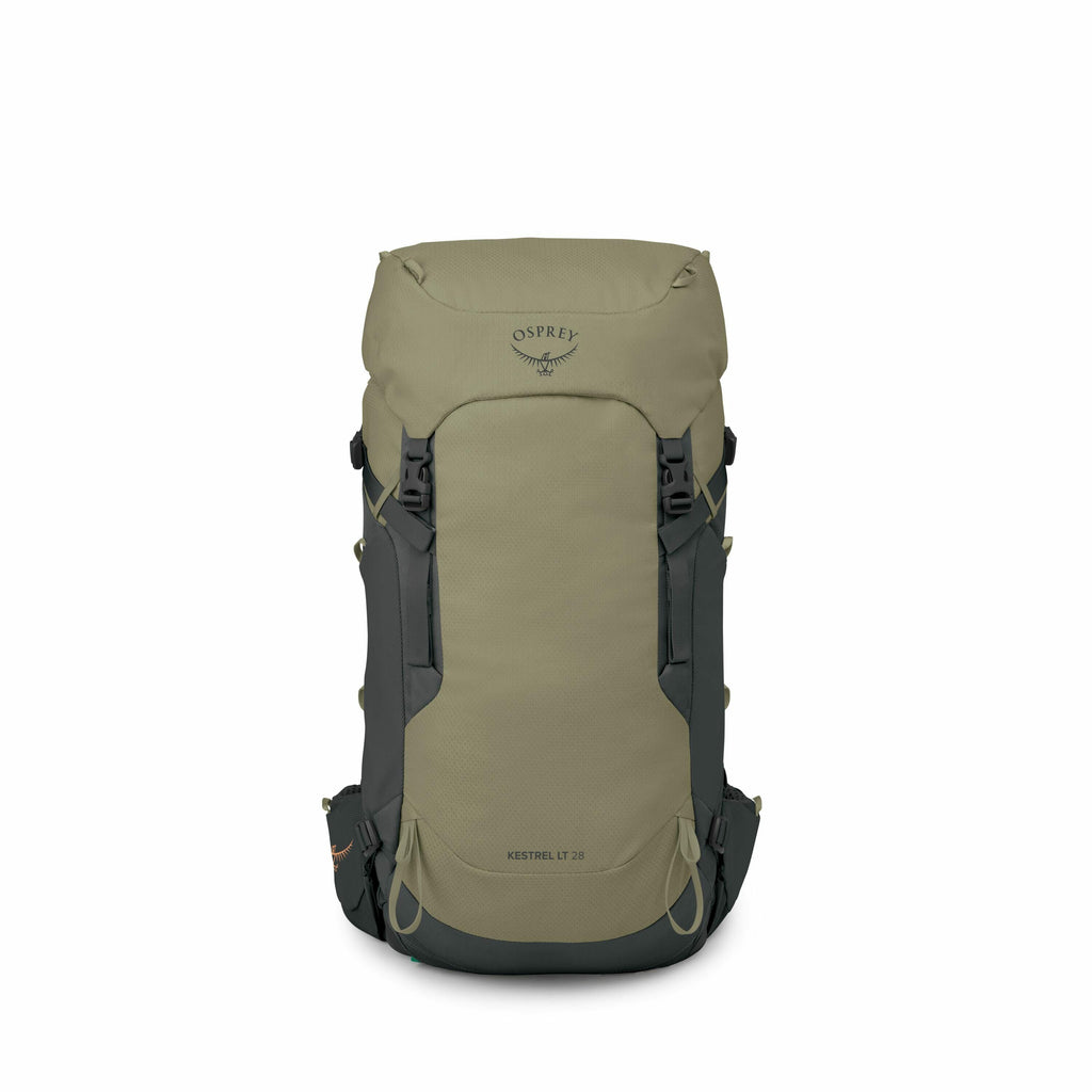 The image depicts a series of views of the Osprey Kestrel LT 28 backpack, showcasing various angles and colors of the product. The first image shows the backpack in a subdued khaki color, highlighting the durable exterior, front pockets, and strap adjustm