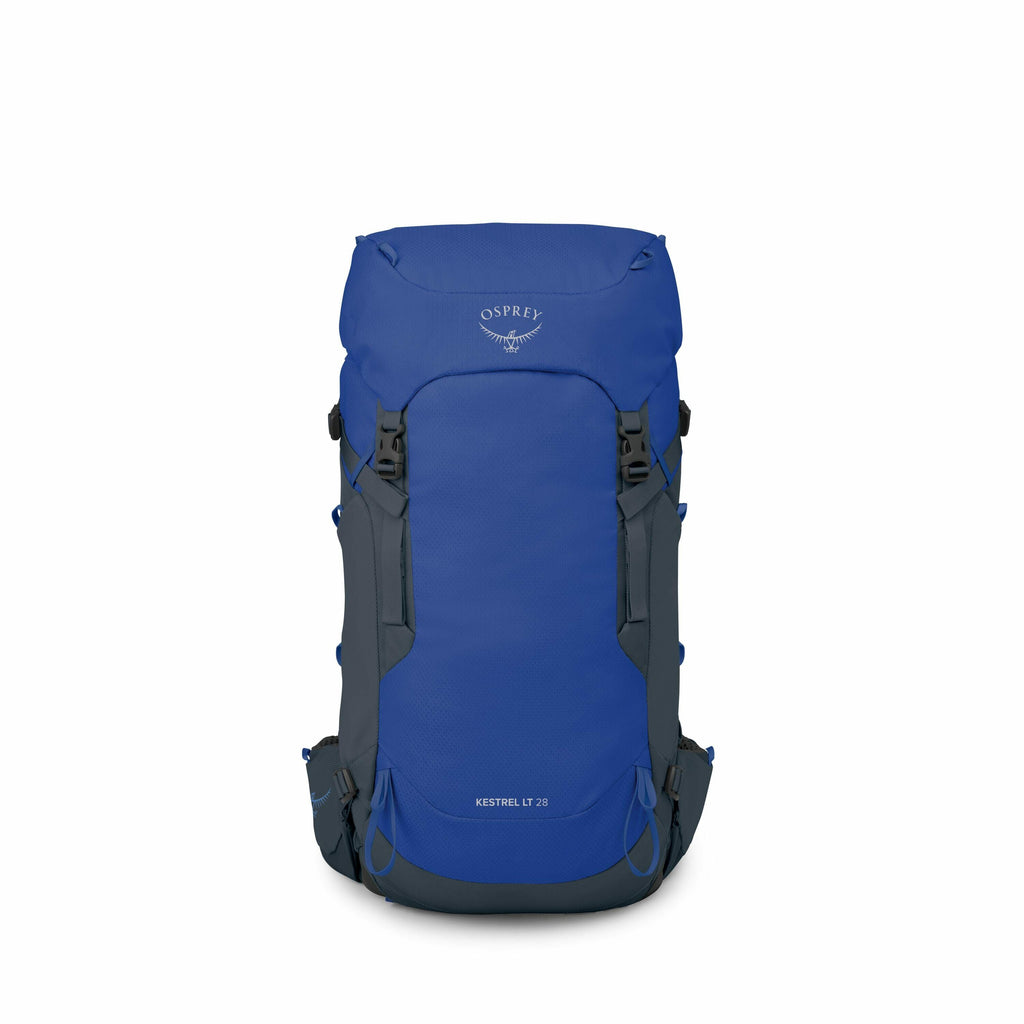 The images display a series of renderings showing different components of a backpack, specifically the Osprey Kestrel LT 28. The first image shows the backpack in its entirety, revealing a sleek blue design with the Osprey logo and the model name clearly