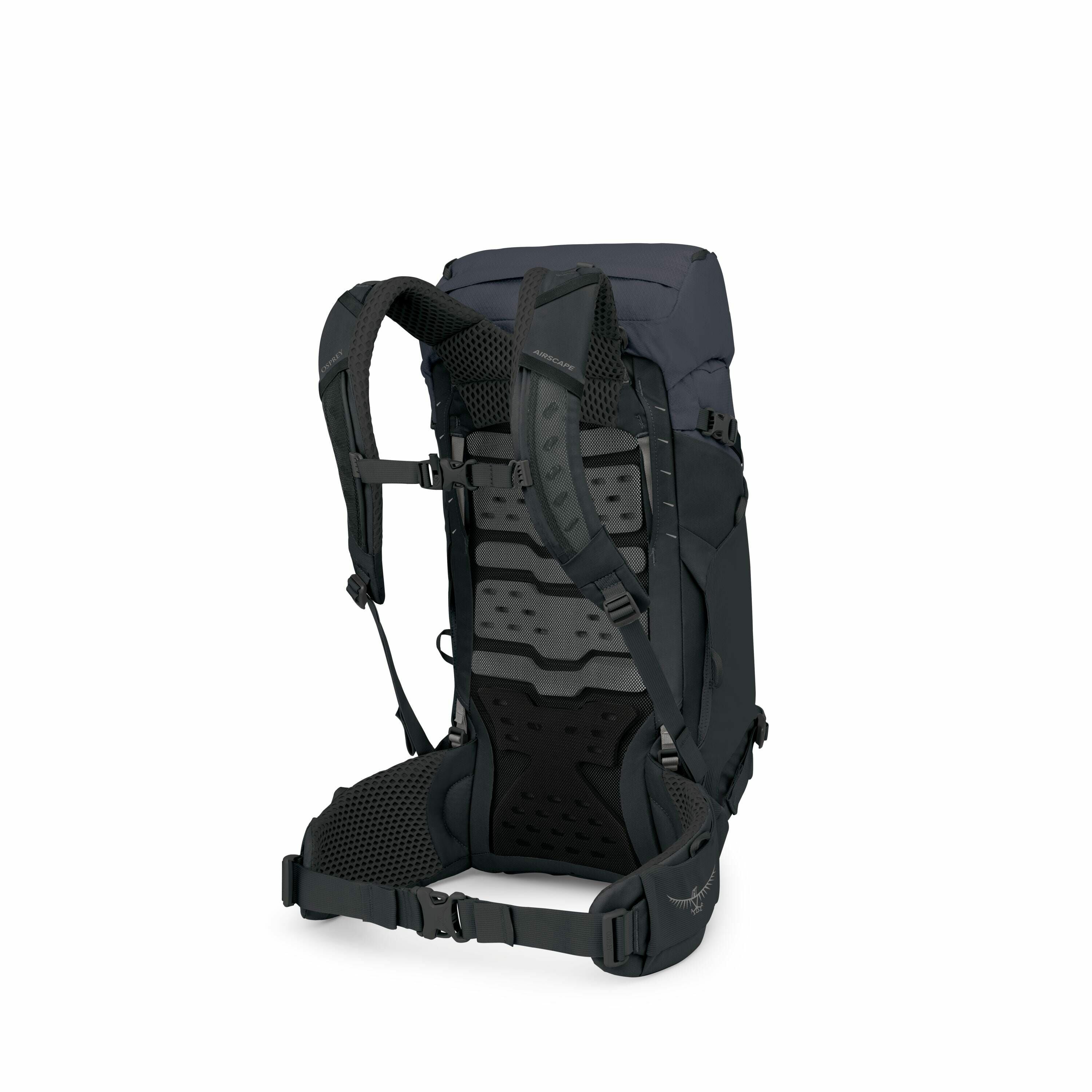 The image depicts a black and navy blue backpack from the Osprey brand. The backpack is shown from the back, highlighting its supportive and ergonomic design features such as padded shoulder straps and a mesh back panel for ventilation. The hip belt is al