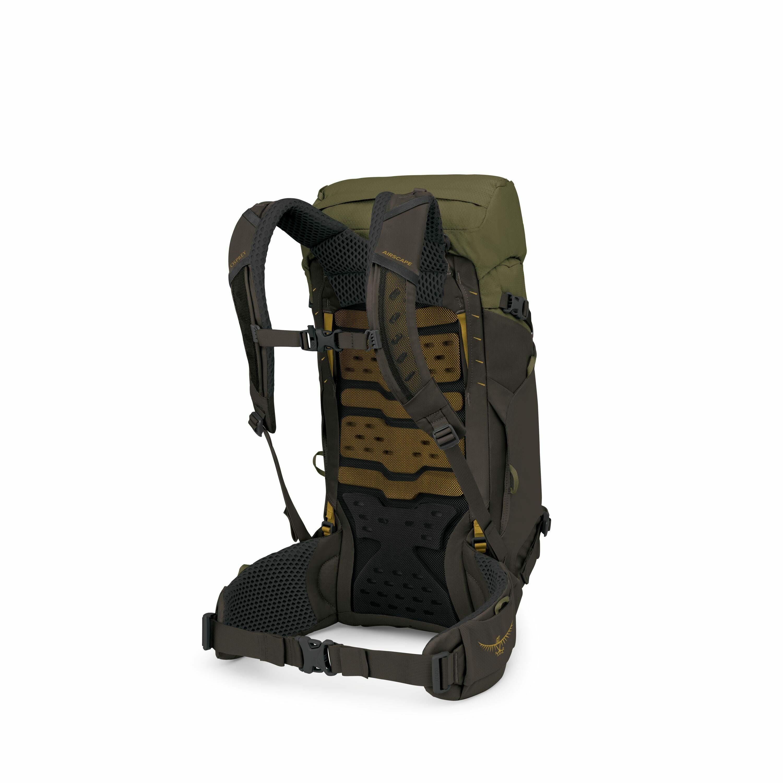The image shows a green and brown hiking backpack with a detailed view of its back support system. The backpack features padded shoulder straps, a mesh back panel for ventilation, and a waist belt for added support and comfort. The design emphasizes ergon