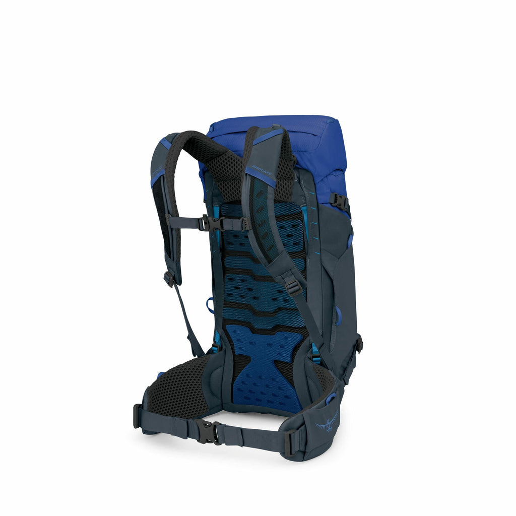 The image shows a blue and dark gray backpack, viewed from the back, highlighting its ergonomic features and straps designed for outdoor activities. The backpack has padded shoulder straps, a waist belt, and a breathable back panel, ensuring comfort durin