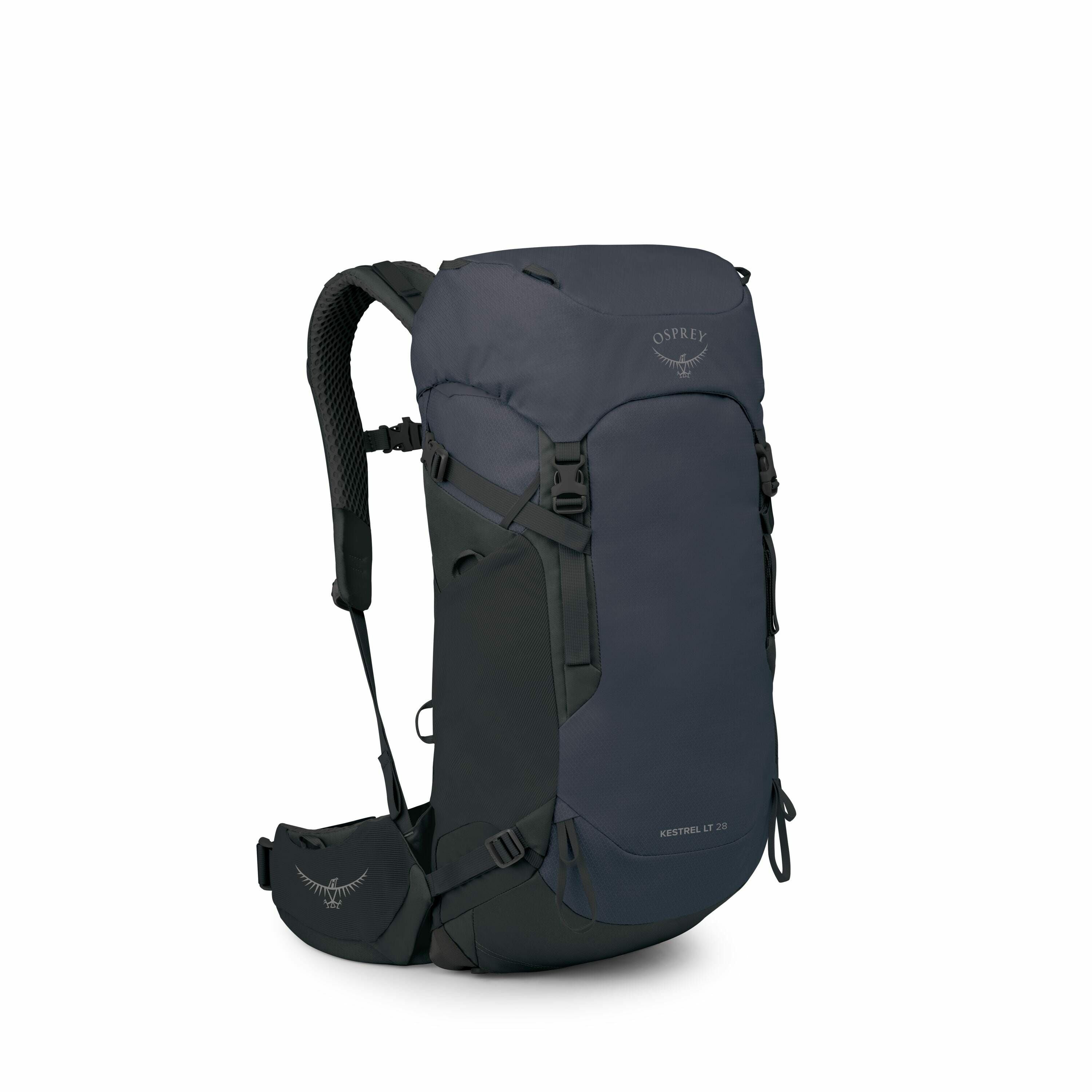 The image showcases a high-quality hiking backpack by Osprey, specifically the Kestrel LT 28 model. This backpack is designed in a sleek, dark blue color with black accents, providing a modern and robust appearance suitable for outdoor adventures. It feat