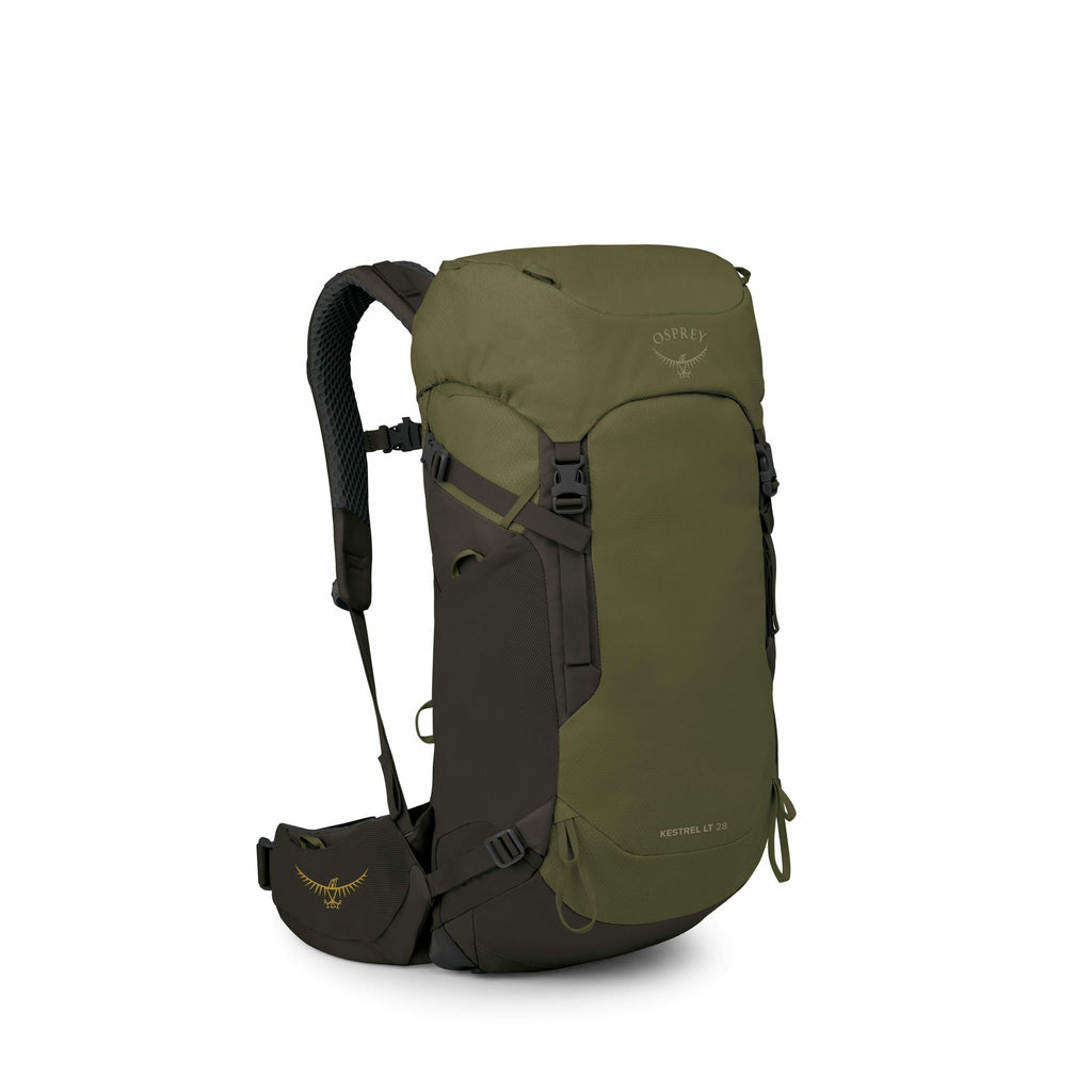 The image depicts an Osprey Kestrel LT 28 backpack, a sleek and functional outdoor gear item designed for hiking and travel. It is shown in an olive green color with dark brown and black accents, giving it a rugged and earthy appearance. The backpack feat