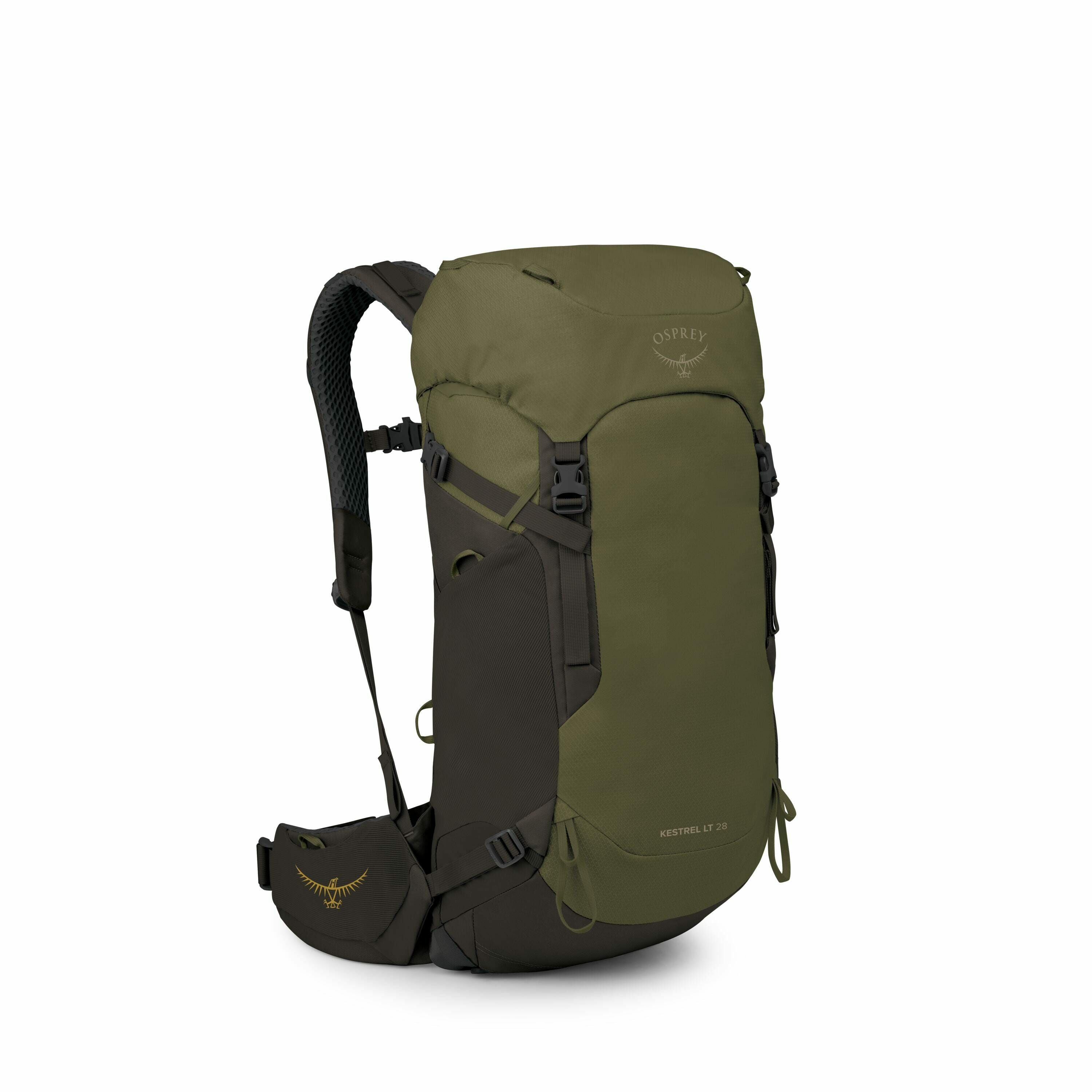 The image depicts an Osprey Kestrel LT 28 backpack, a sleek and functional outdoor gear item designed for hiking and travel. It is shown in an olive green color with dark brown and black accents, giving it a rugged and earthy appearance. The backpack feat