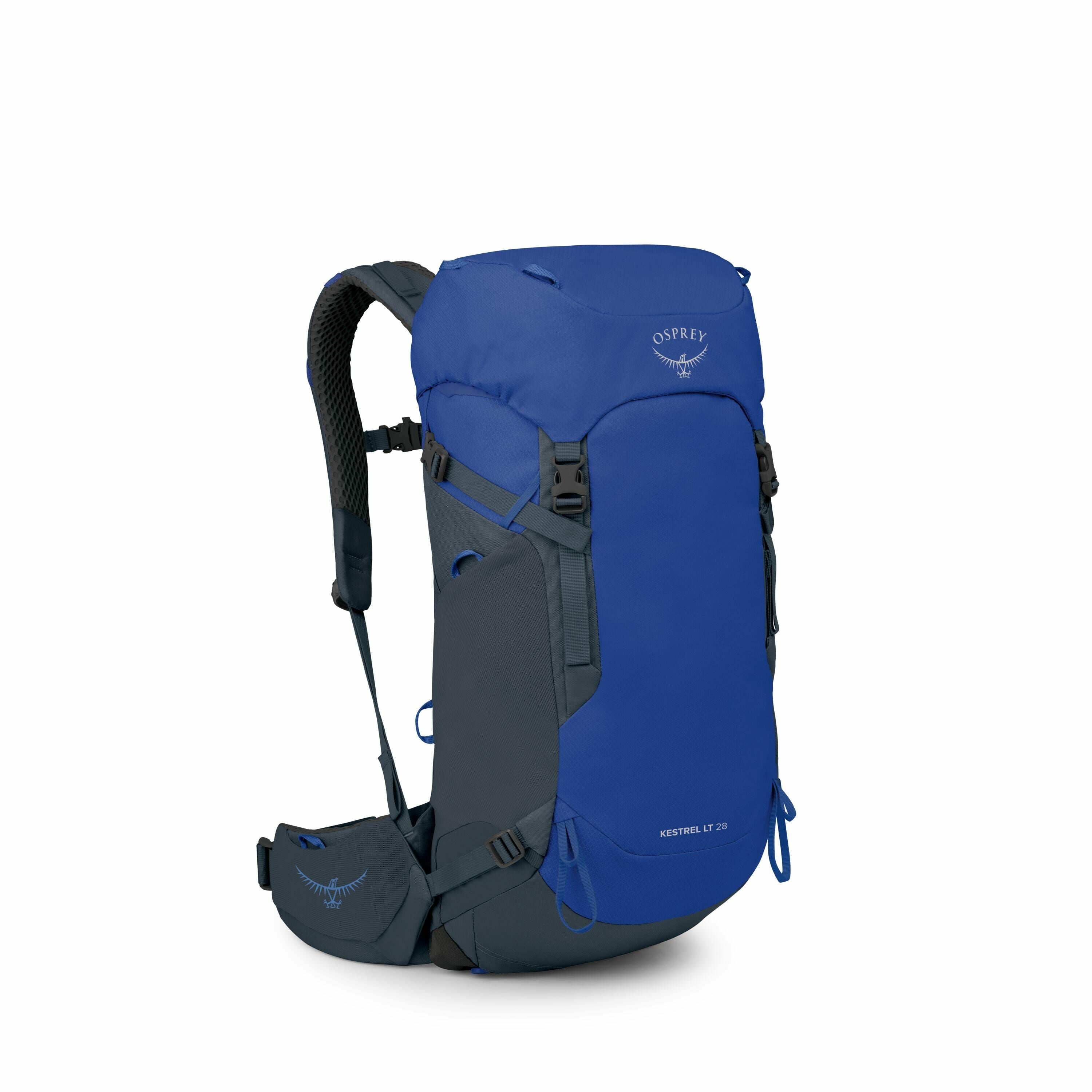 The image features a blue and dark grey backpack from the brand Osprey, specifically the Kestrel LT 28 model. The backpack has a streamlined design with a top-loading main compartment, side pockets, and a padded waist belt for added comfort and support. T