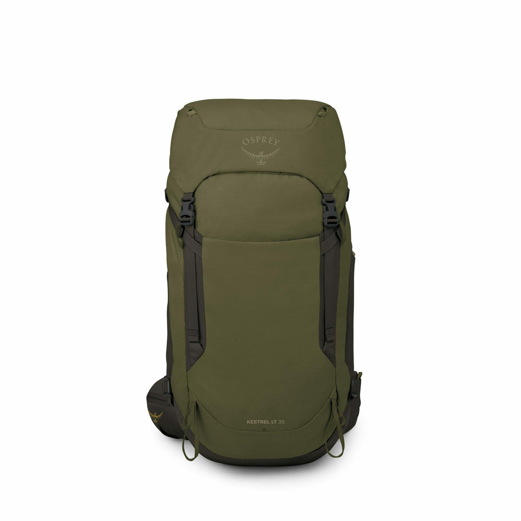 The image displays an Osprey Kestrel LT 35 backpack in a deep green color, prominently featuring its sleek and functional design. The front of the backpack showcases the Osprey logo, with their characteristic winged emblem above the brand name. The bag's