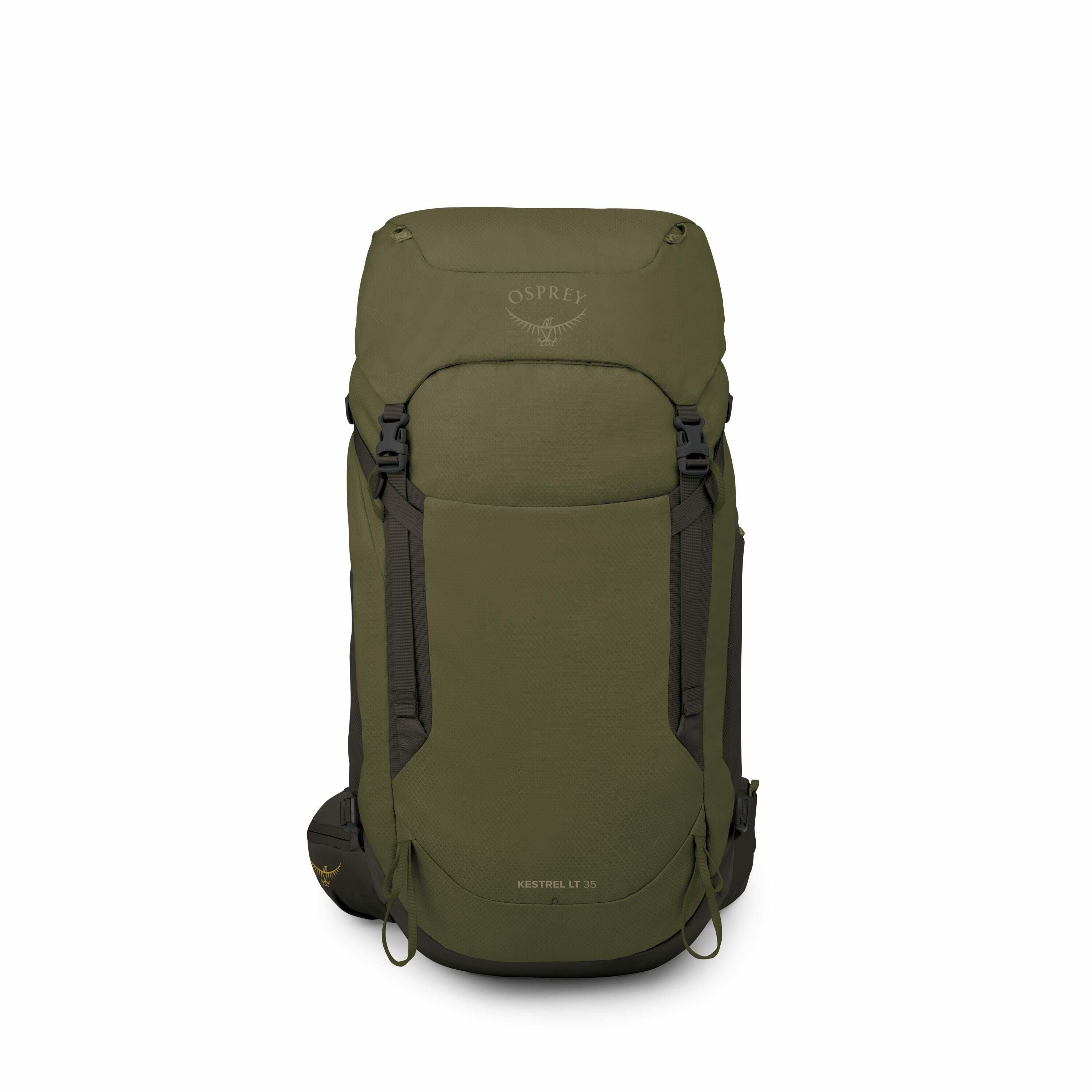 The image displays an Osprey Kestrel LT 35 backpack in a deep green color, prominently featuring its sleek and functional design. The front of the backpack showcases the Osprey logo, with their characteristic winged emblem above the brand name. The bag's