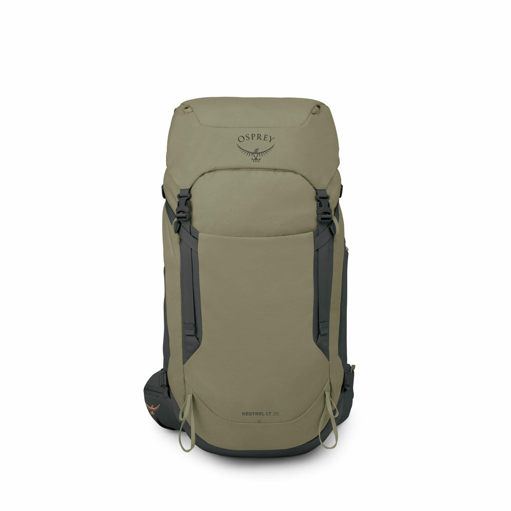 The images showcase an Osprey Kestrel LT 35 backpack in various colors and views. The first image presents a backpack in a muted olive or khaki color, highlighting its sleek and compact design. The second image features the same model in a brighter green